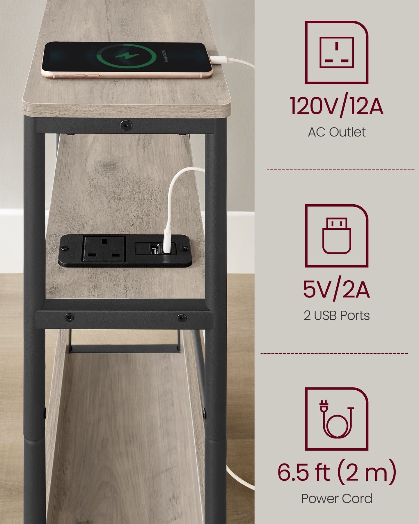 3-Tier Side Table - Wood - Heather Greige - Charging Station and Magazine Rack