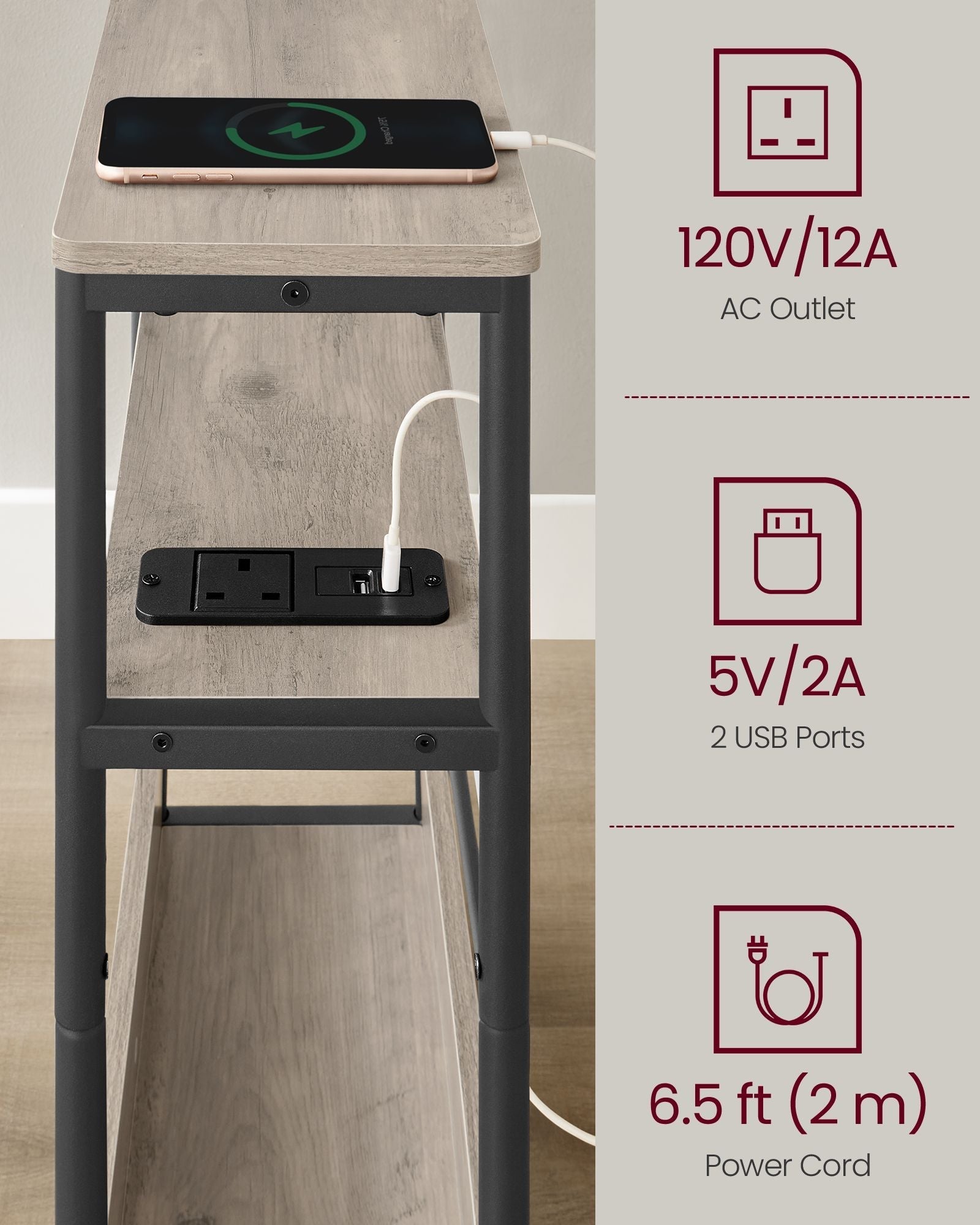 3-Tier Side Table - Wood - Heather Greige - Charging Station and Magazine Rack