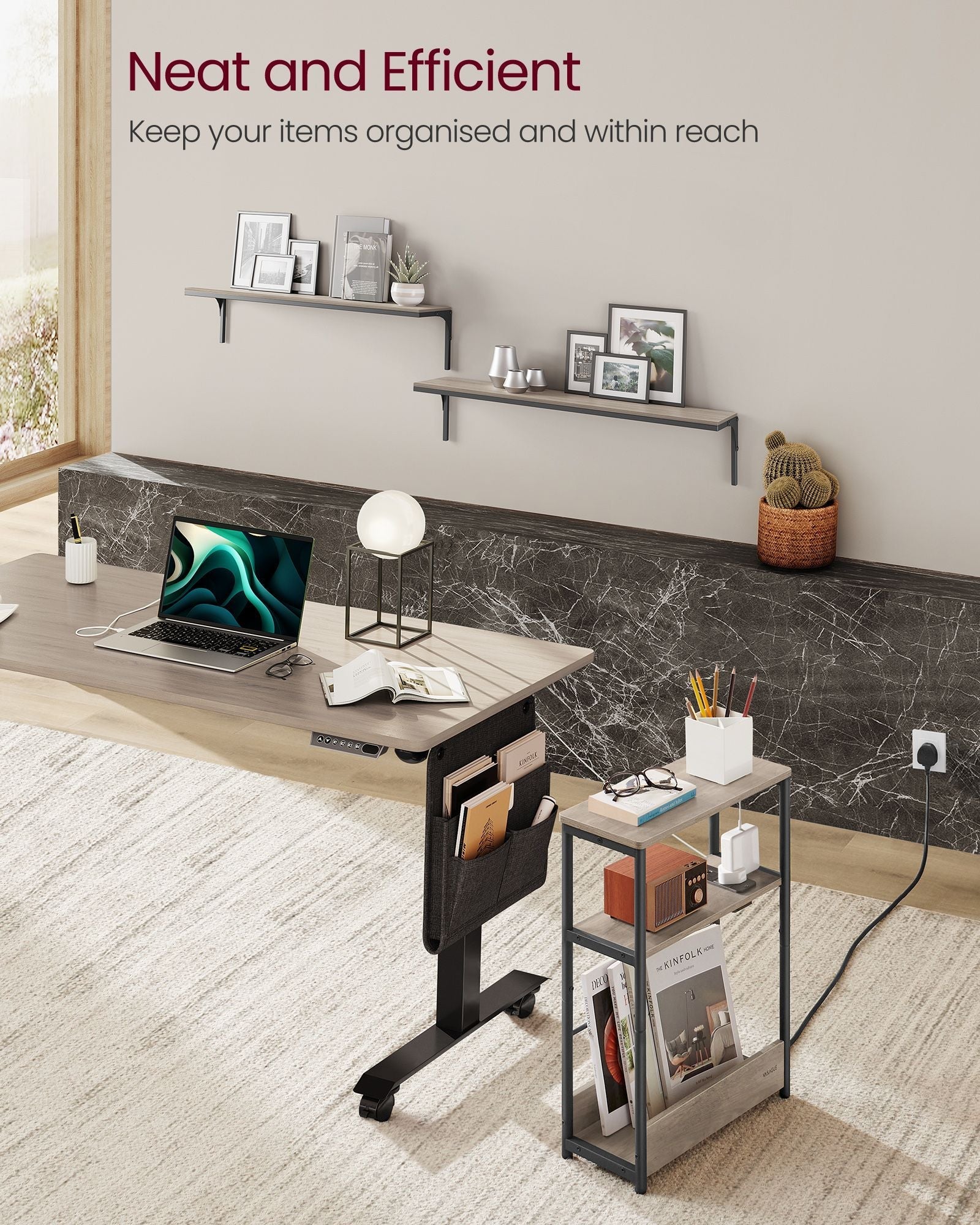 3-Tier Side Table - Wood - Heather Greige - Charging Station and Magazine Rack