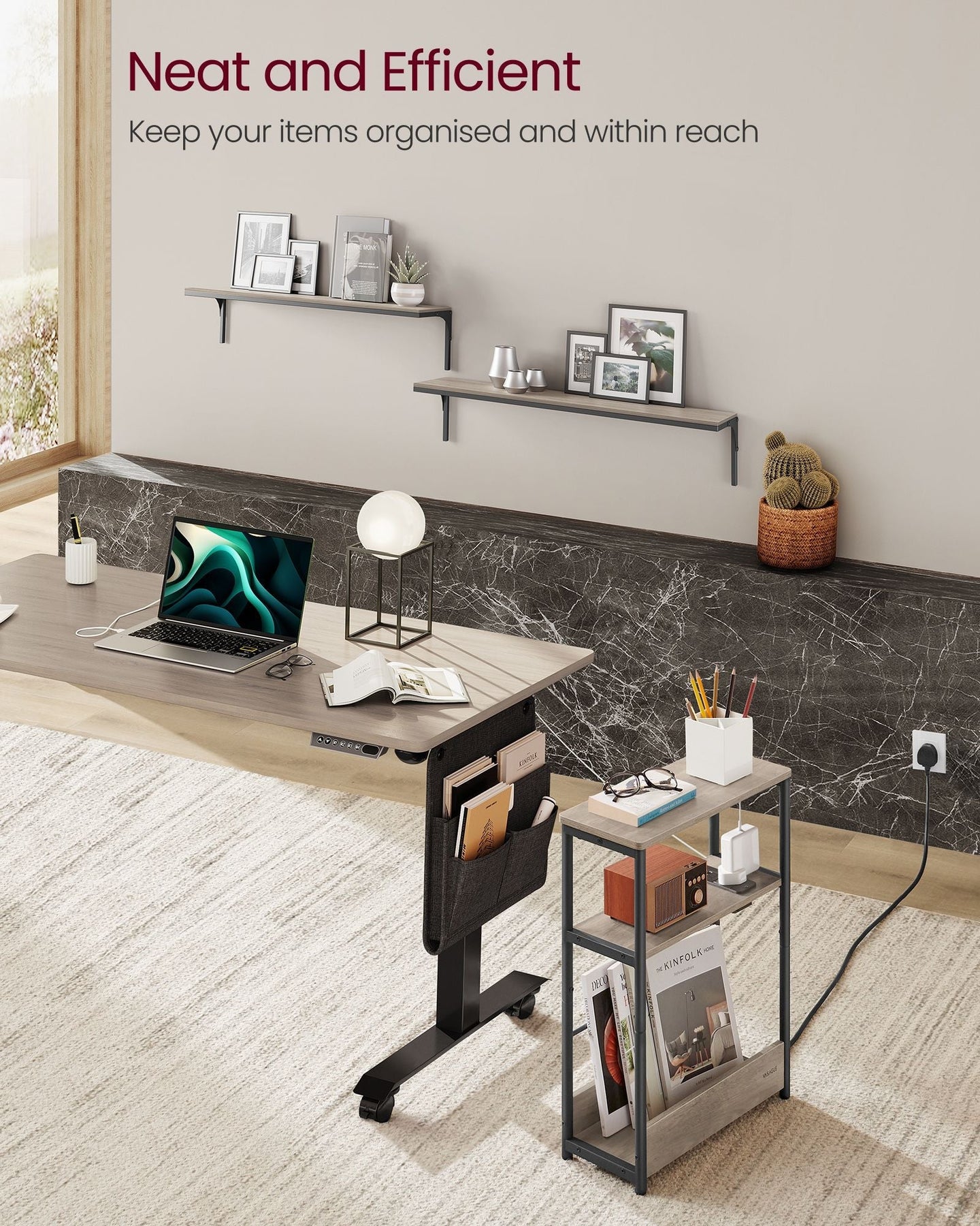 3-Tier Side Table - Wood - Heather Greige - Charging Station and Magazine Rack