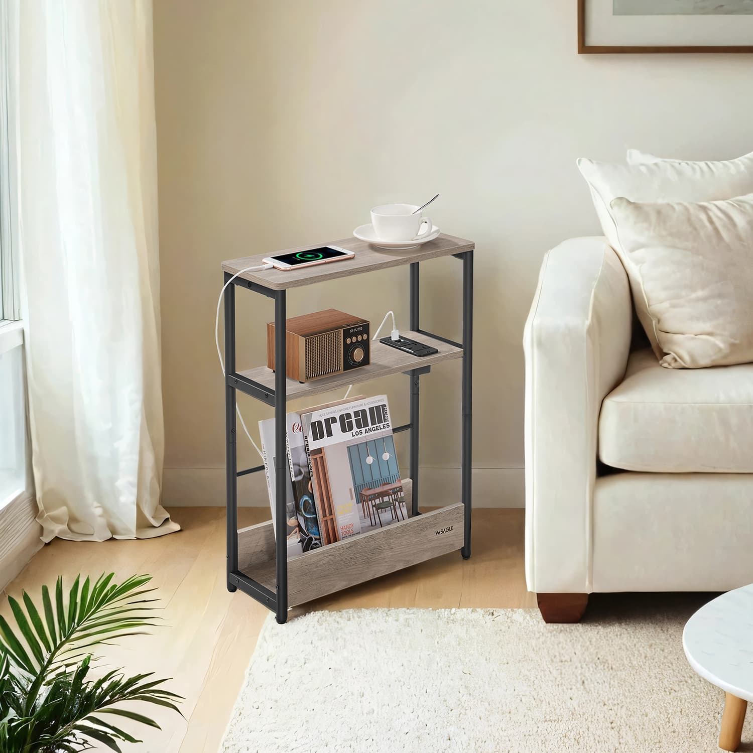 Narrow Bedside Table - Wood - Greige - 3-Tier with Charging Station and Magazine Rack