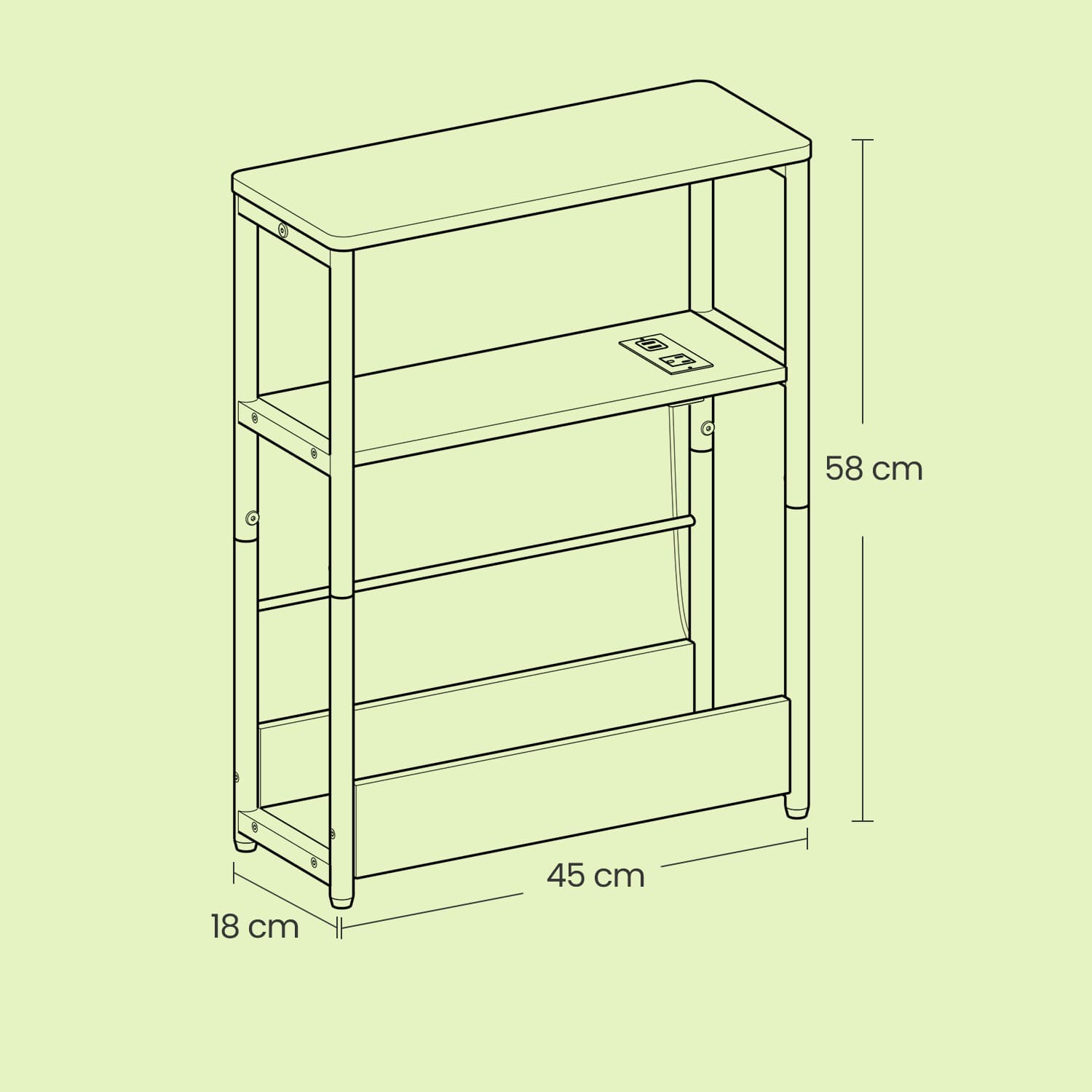 Narrow Bedside Table - Wood - Greige - 3-Tier with Charging Station and Magazine Rack