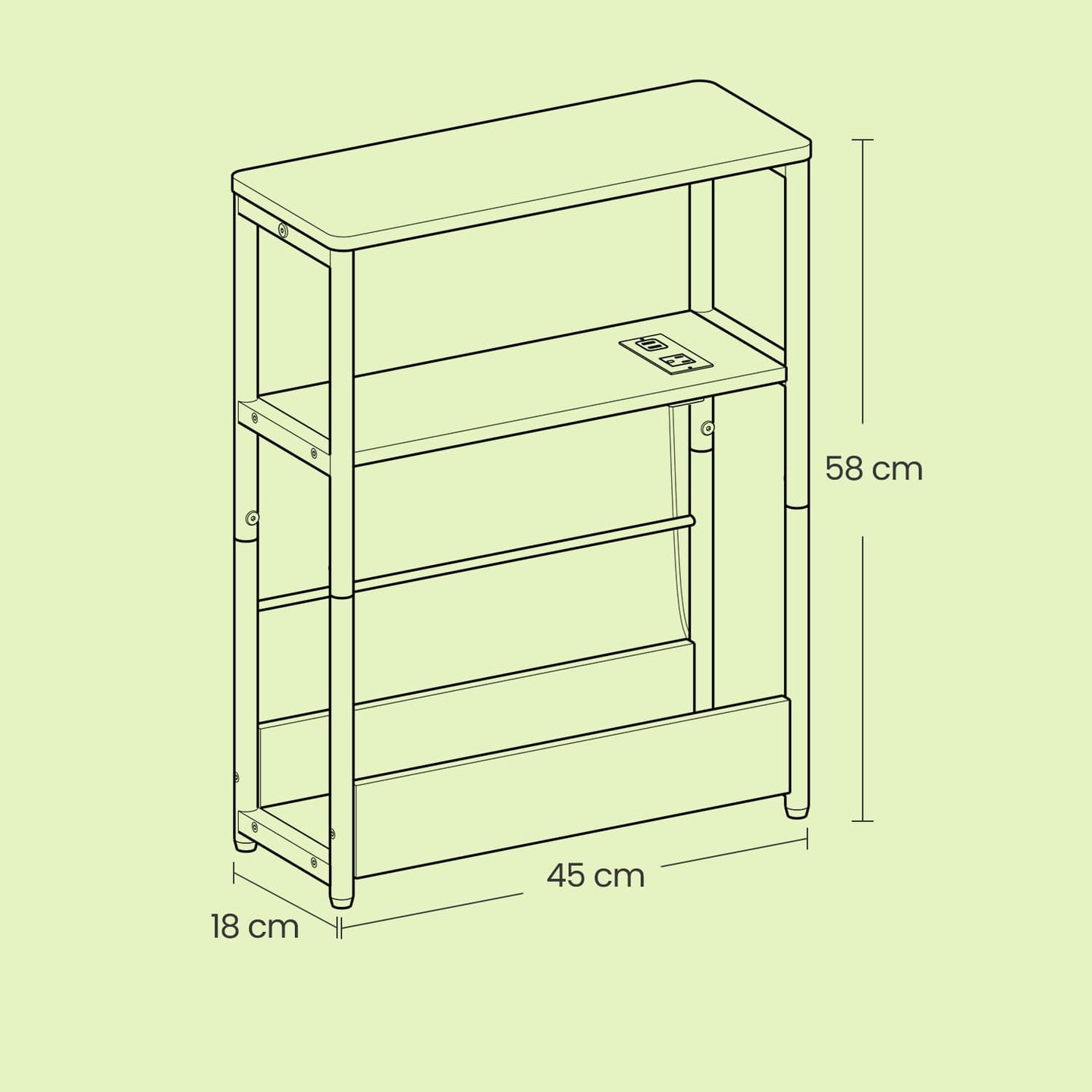 Narrow Bedside Table - Wood - Greige - 3-Tier with Charging Station and Magazine Rack