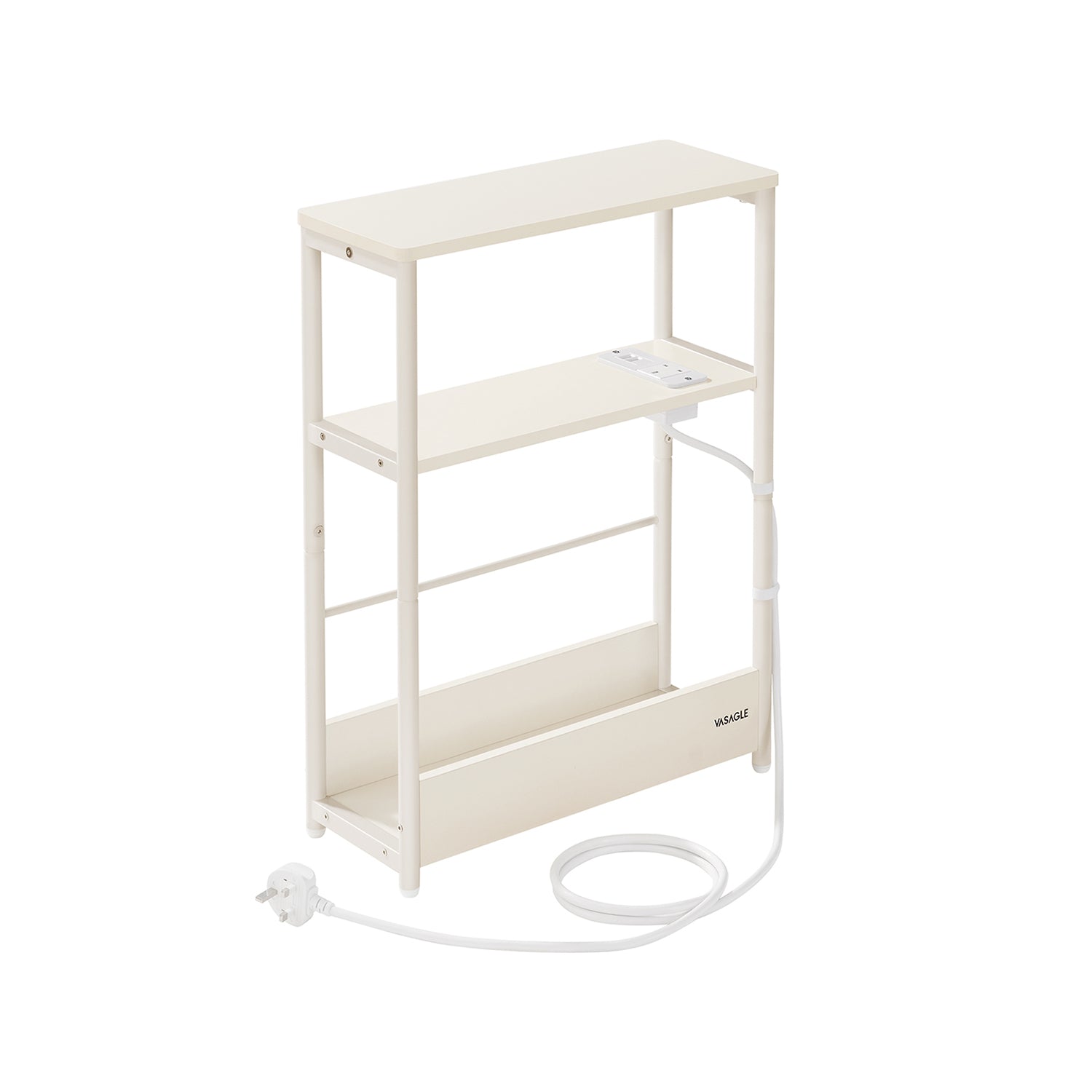 3-Tier Slim Side Table - Wood - Cream White - Built-in Charging Station and Magazine Rack