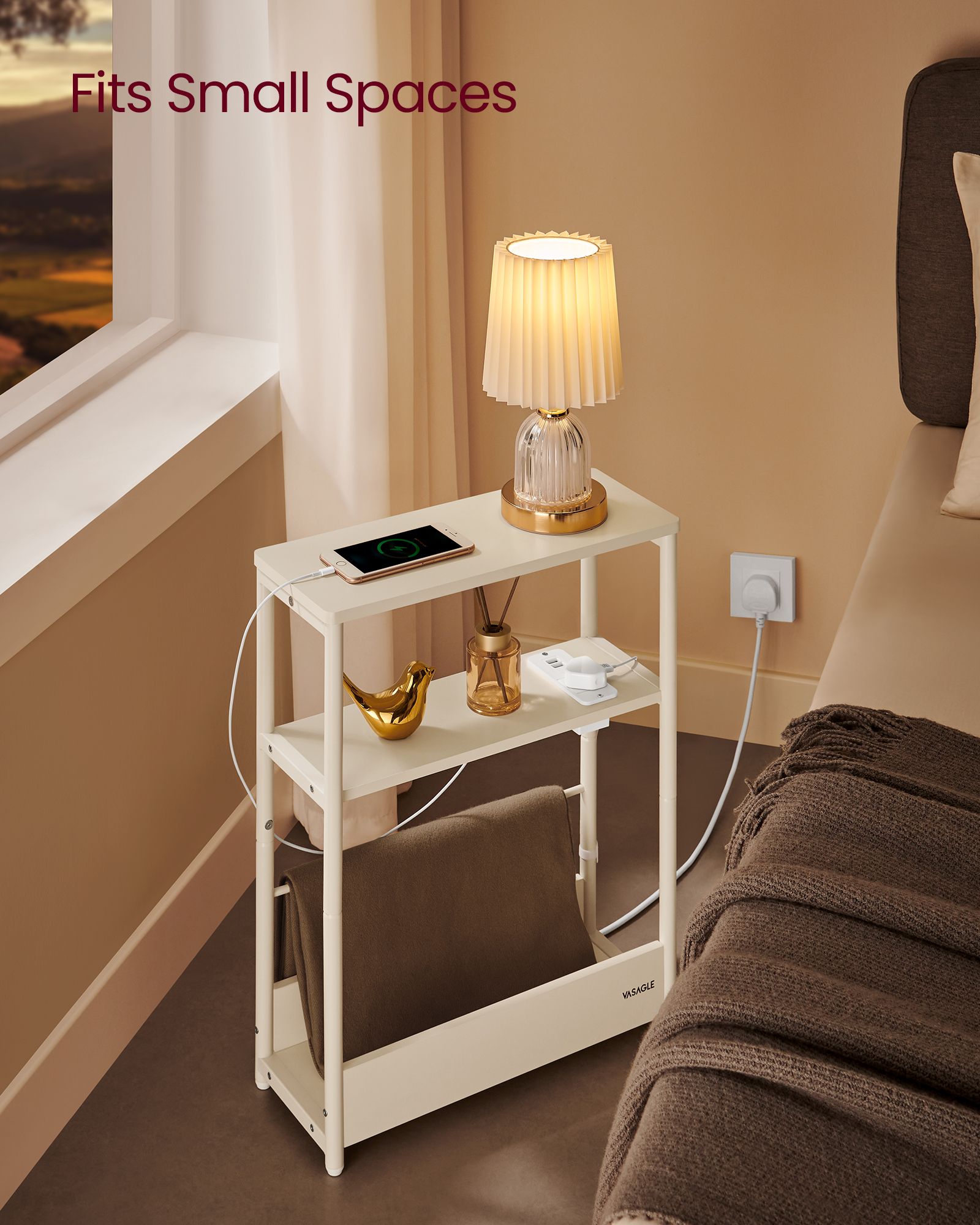 3-Tier Slim Side Table - Wood - Cream White - Built-in Charging Station and Magazine Rack
