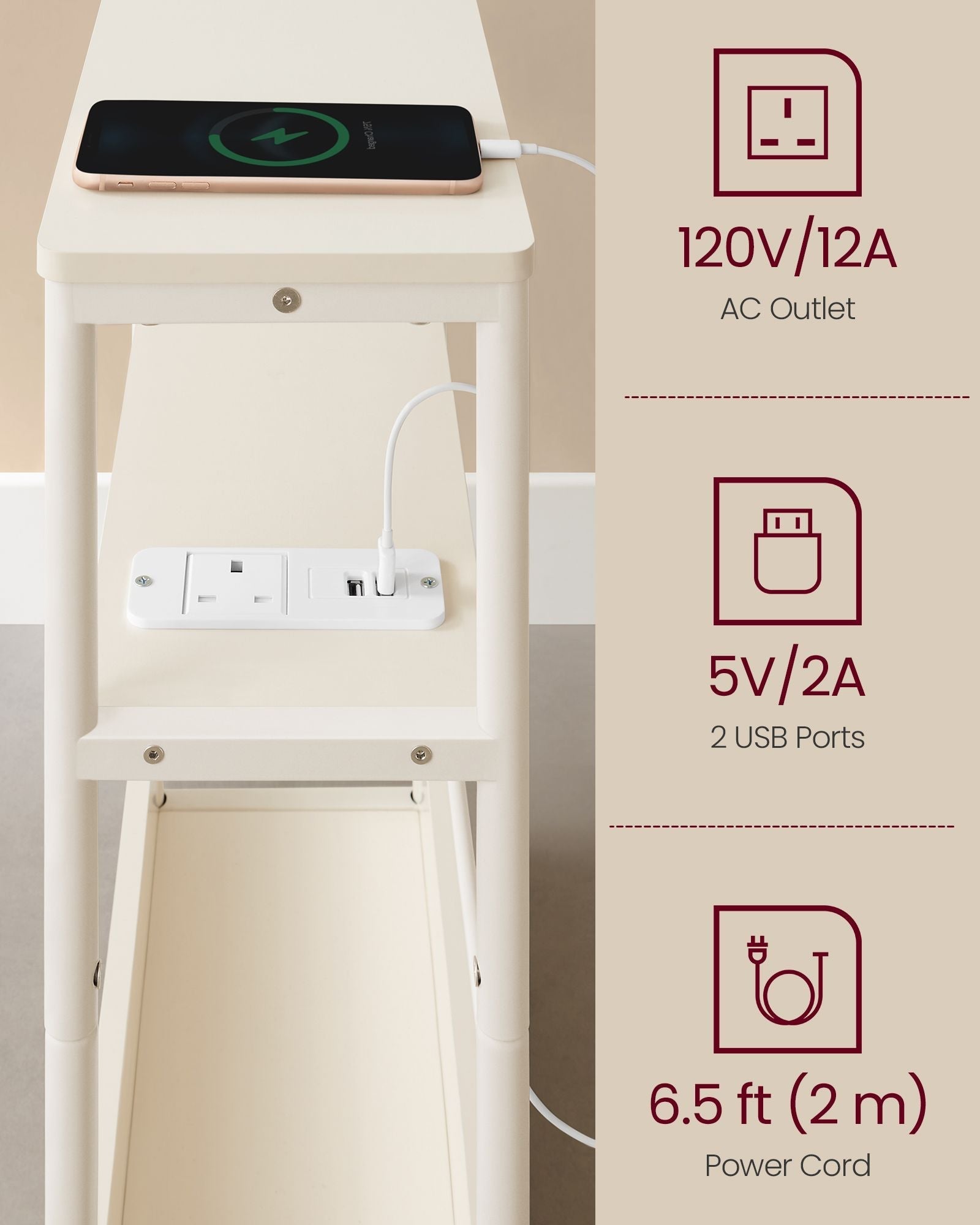 3-Tier Slim Side Table - Wood - Cream White - Built-in Charging Station and Magazine Rack