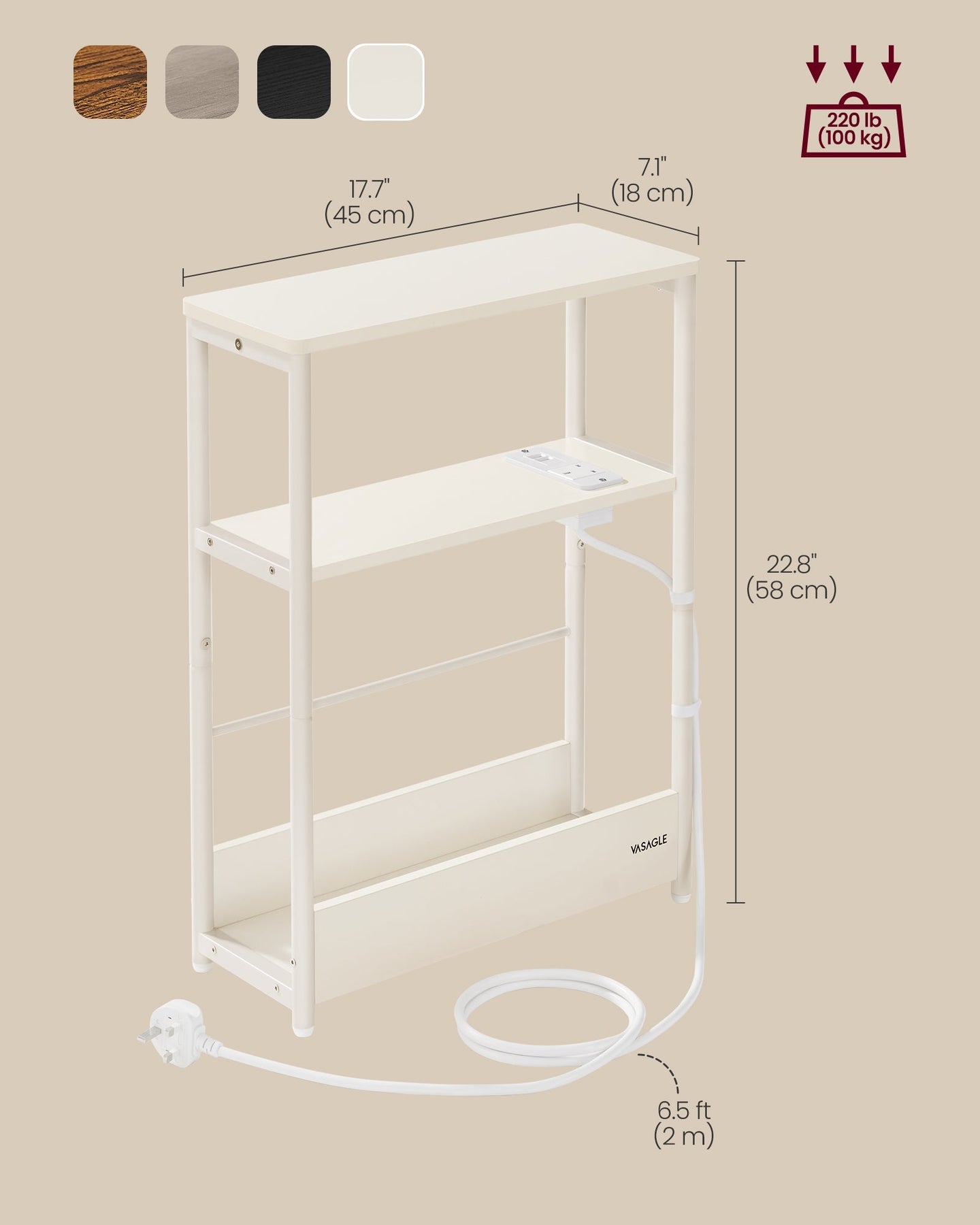 3-Tier Slim Side Table - Wood - Cream White - Built-in Charging Station and Magazine Rack