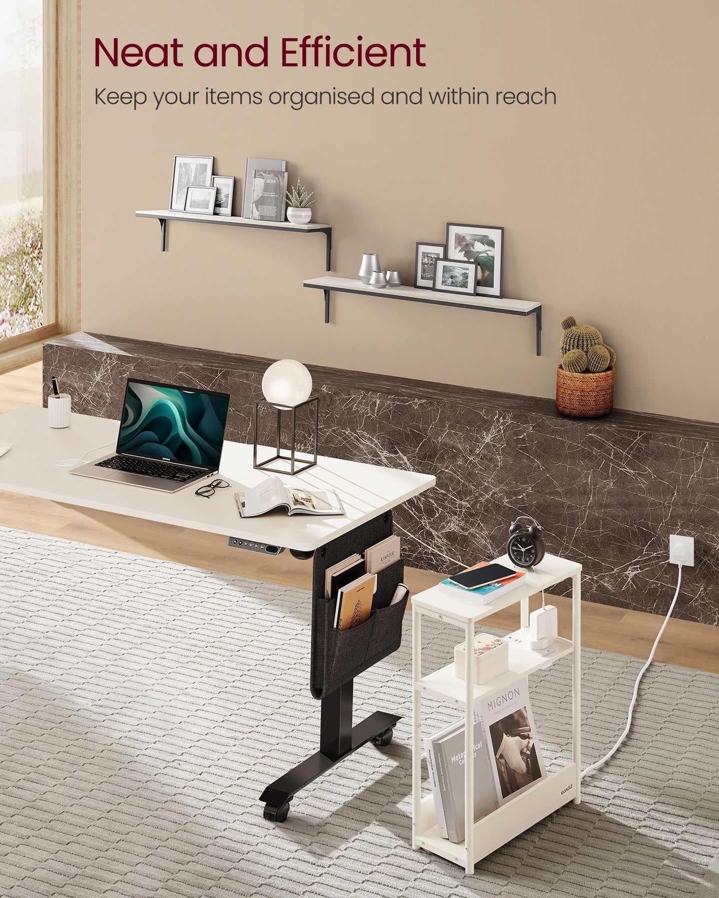 3-Tier Slim Side Table - Wood - Cream White - Built-in Charging Station and Magazine Rack