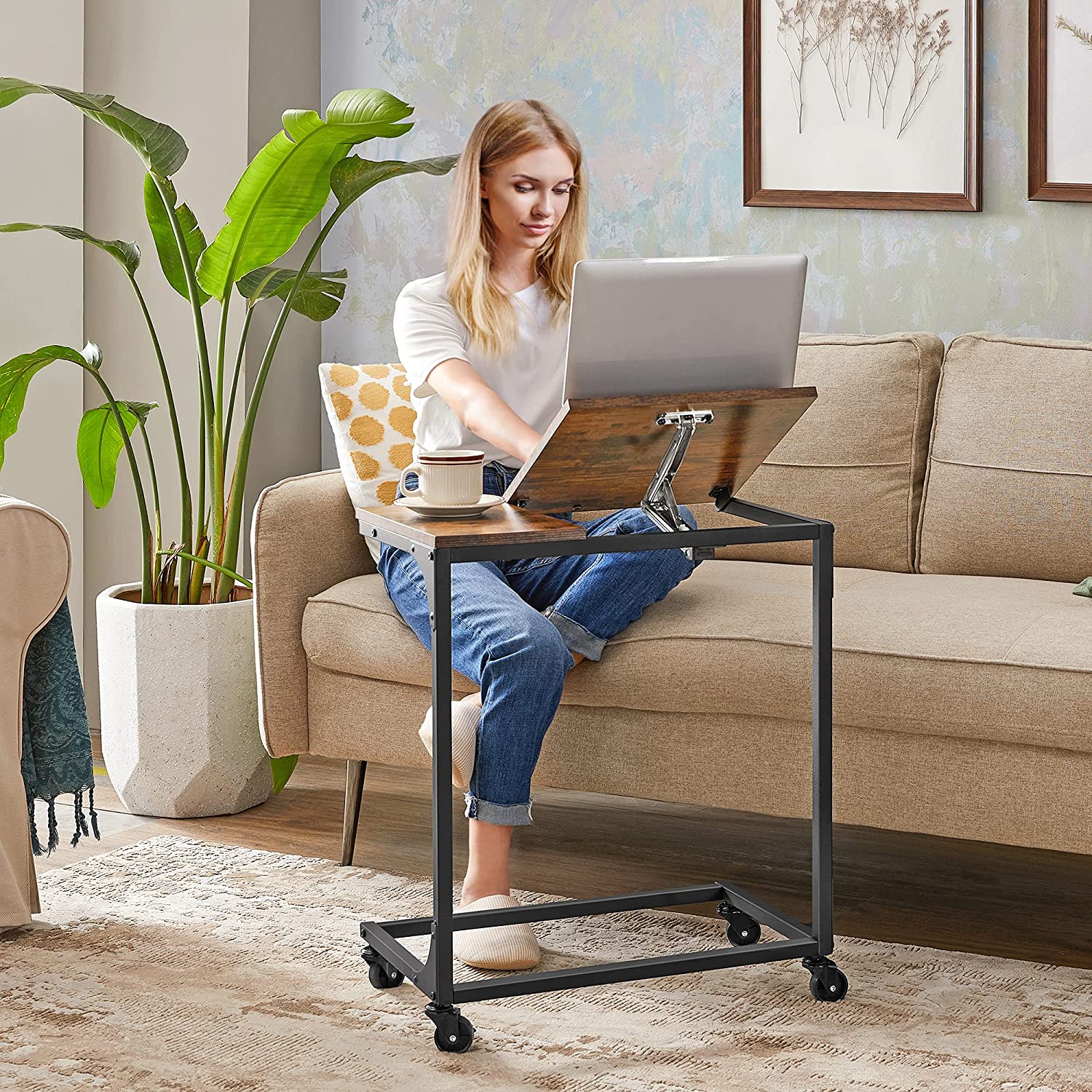 Side Table - Steel Frame - Rustic Brown and Black - Tilting Top