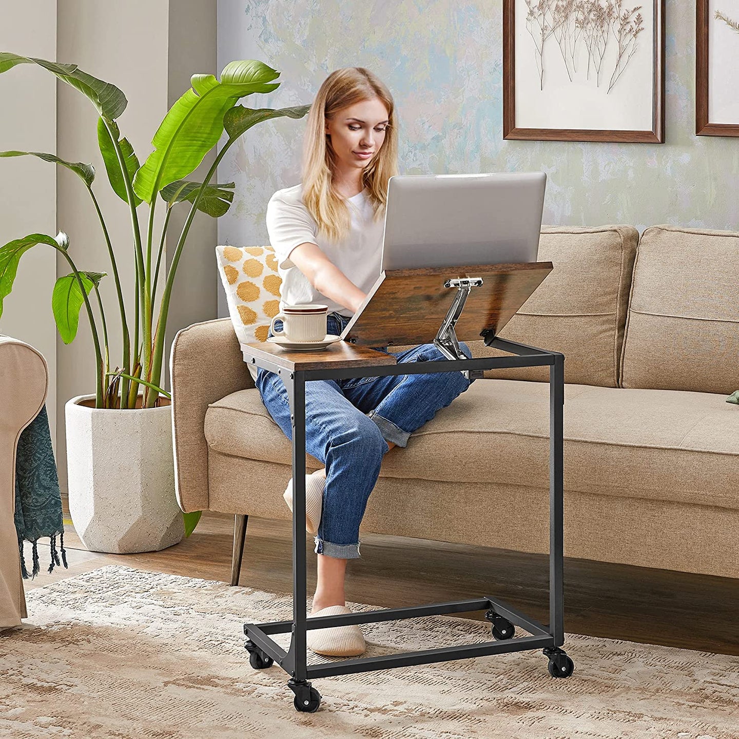 Side Table - Steel Frame - Rustic Brown and Black - Tilting Top