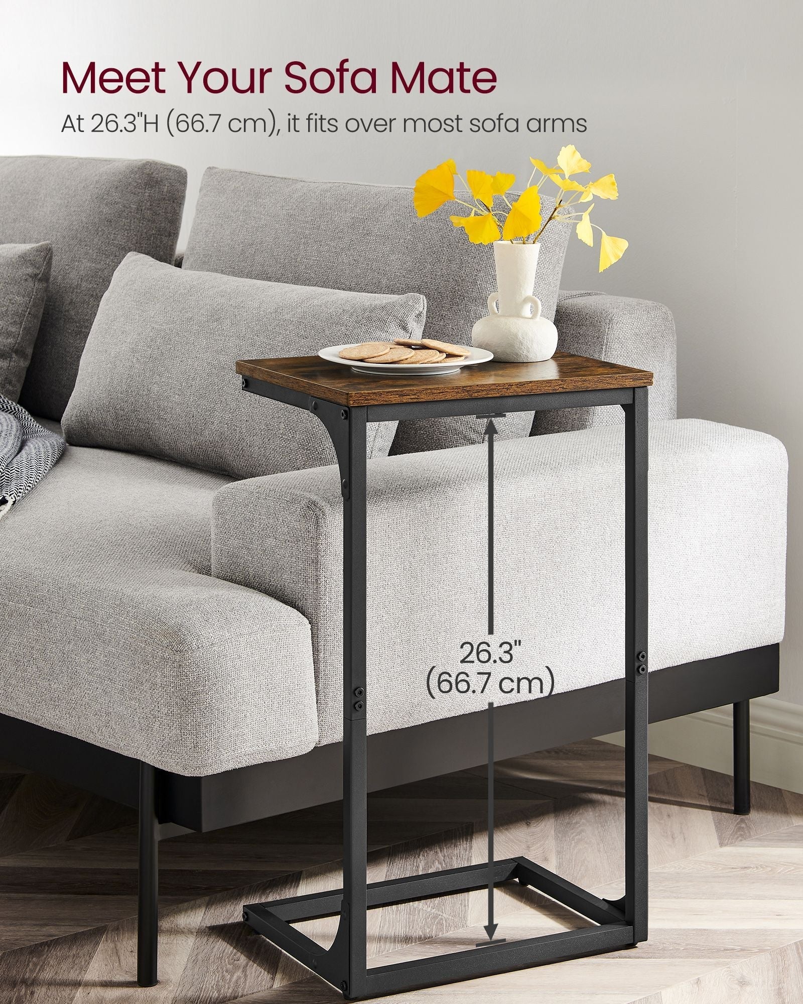 C-Shaped Side Table - Metal Frame - Rustic Brown and Black