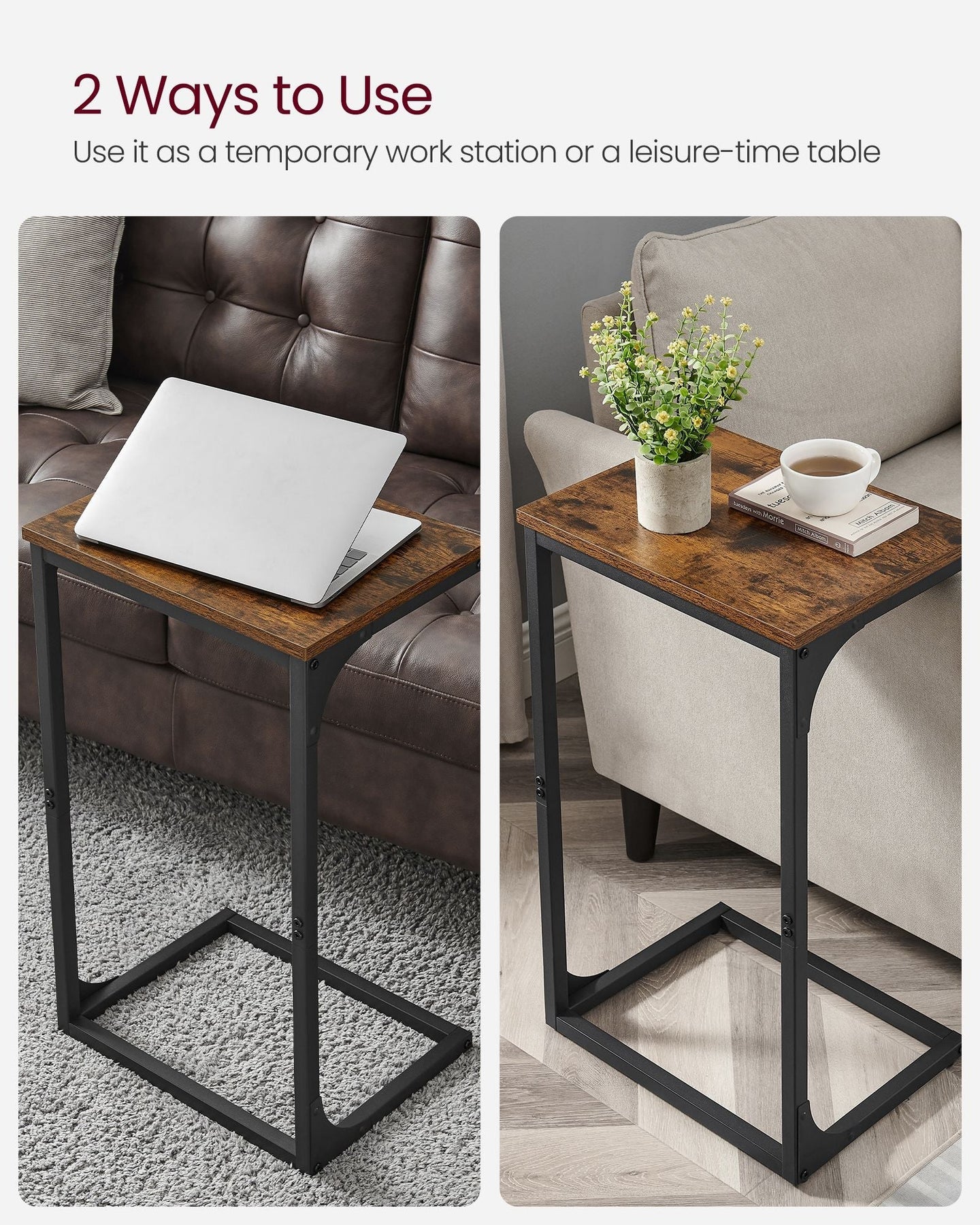 C-Shaped Side Table - Metal Frame - Rustic Brown and Black