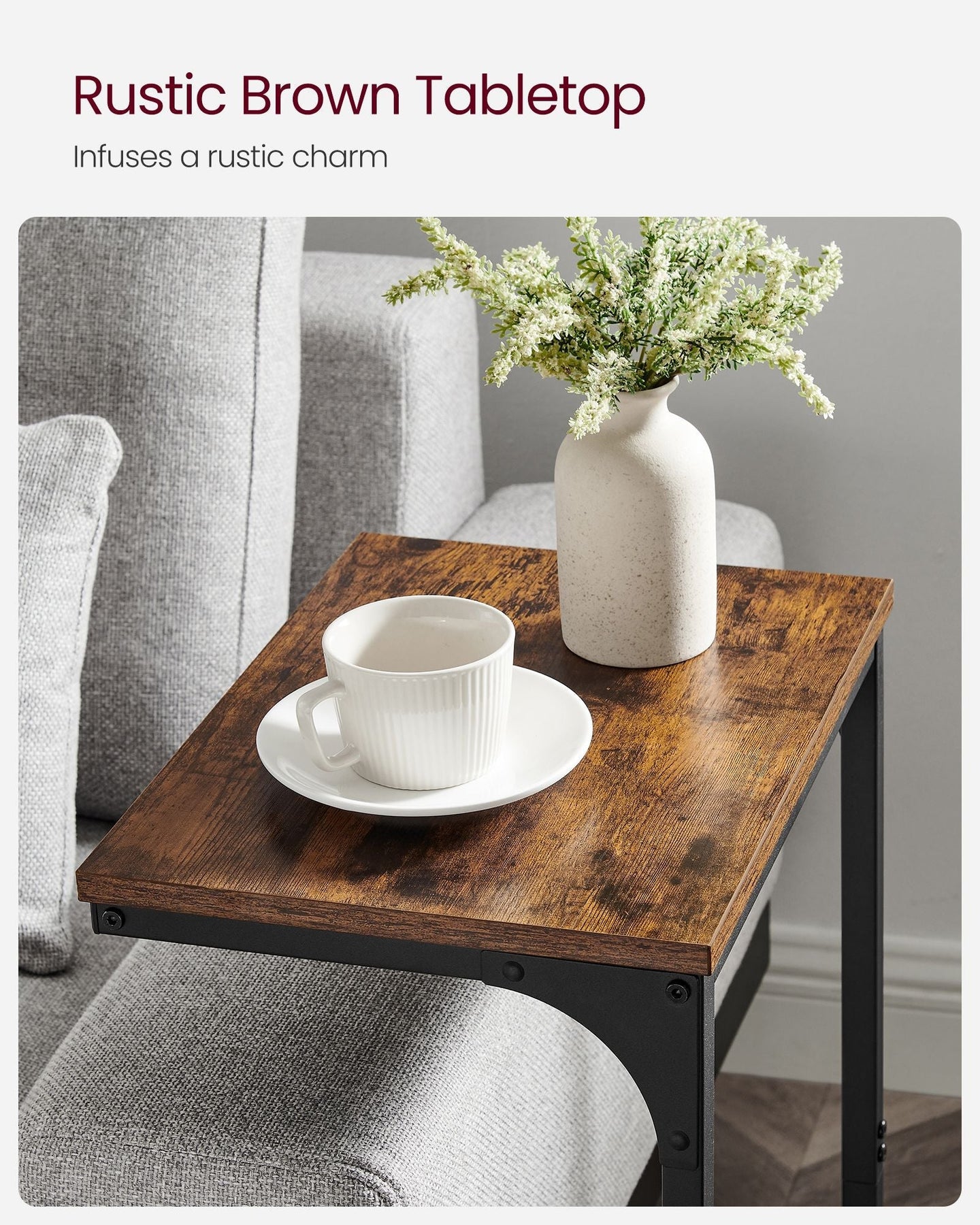 C-Shaped Side Table - Metal Frame - Rustic Brown and Black