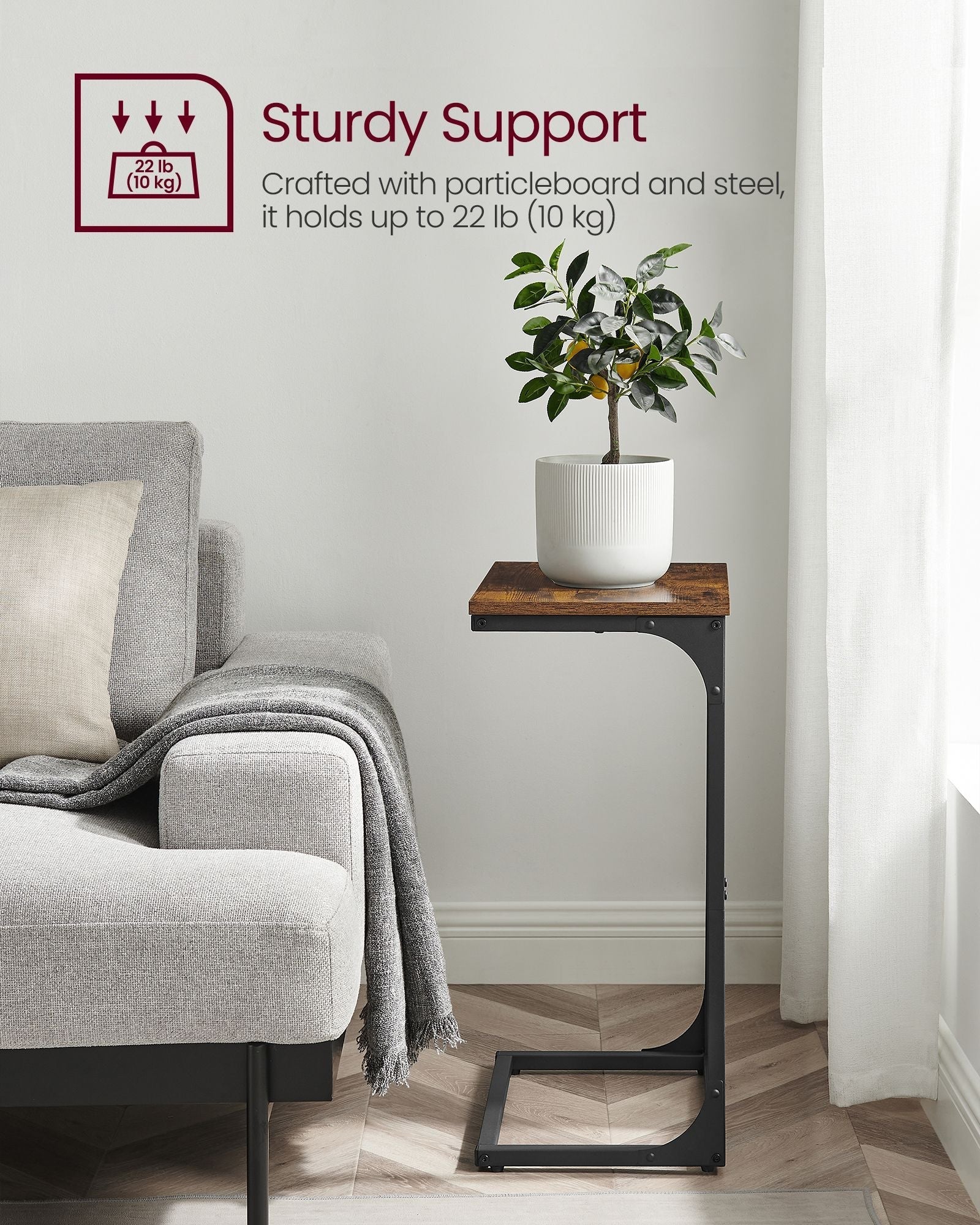 C-Shaped Side Table - Metal Frame - Rustic Brown and Black