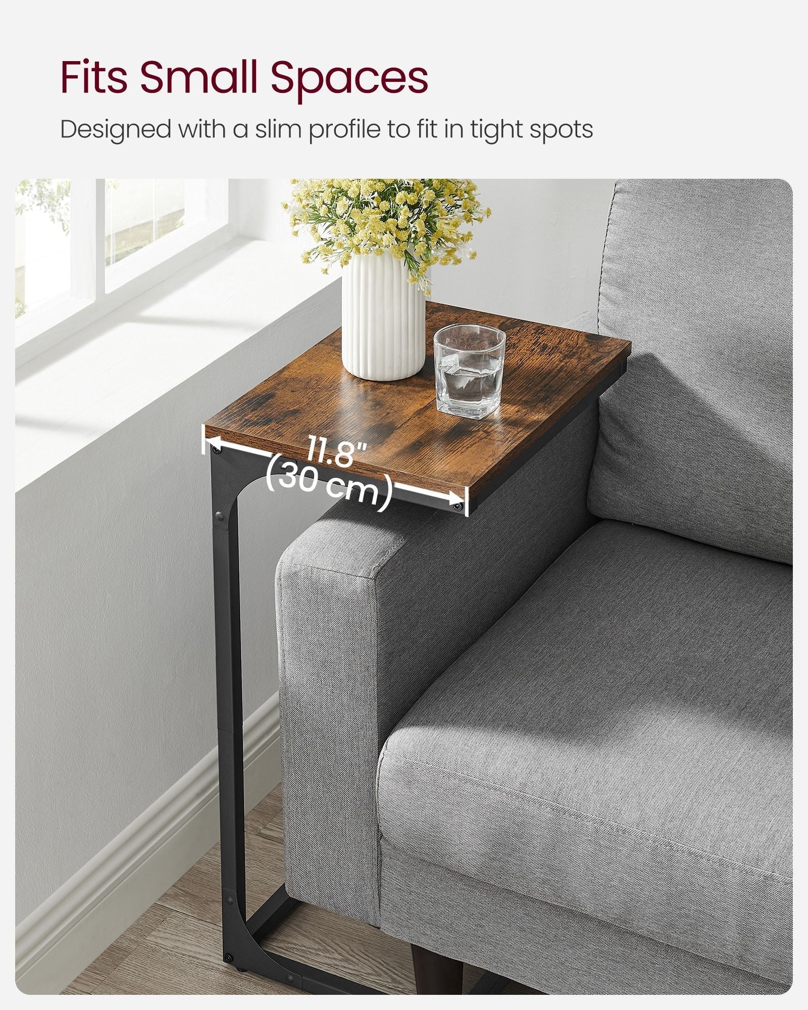 C-Shaped Side Table - Metal Frame - Rustic Brown and Black