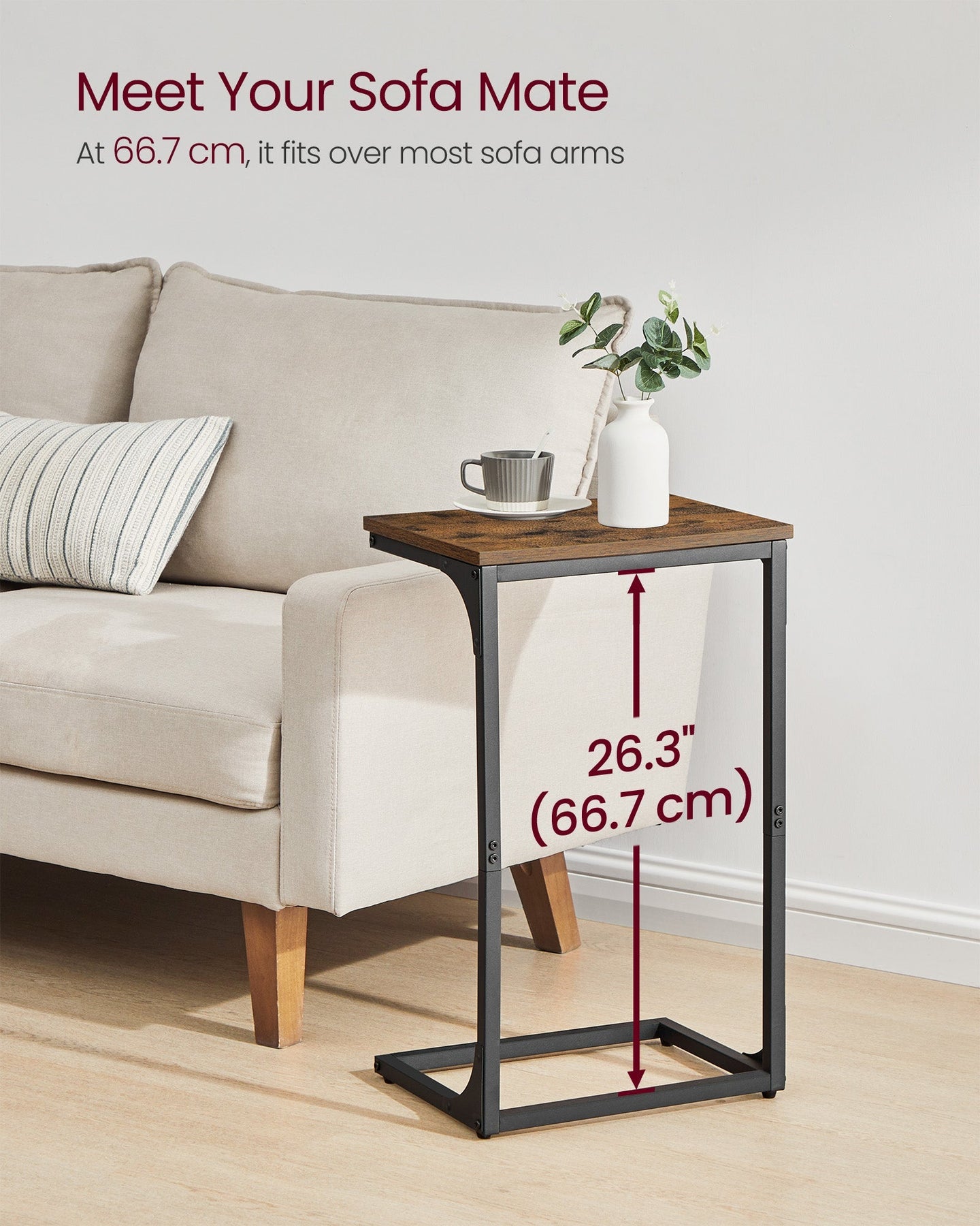 C-Shaped Side Tables - Metal Frame - Rustic Brown - Versatile for Living Room and Bedroom