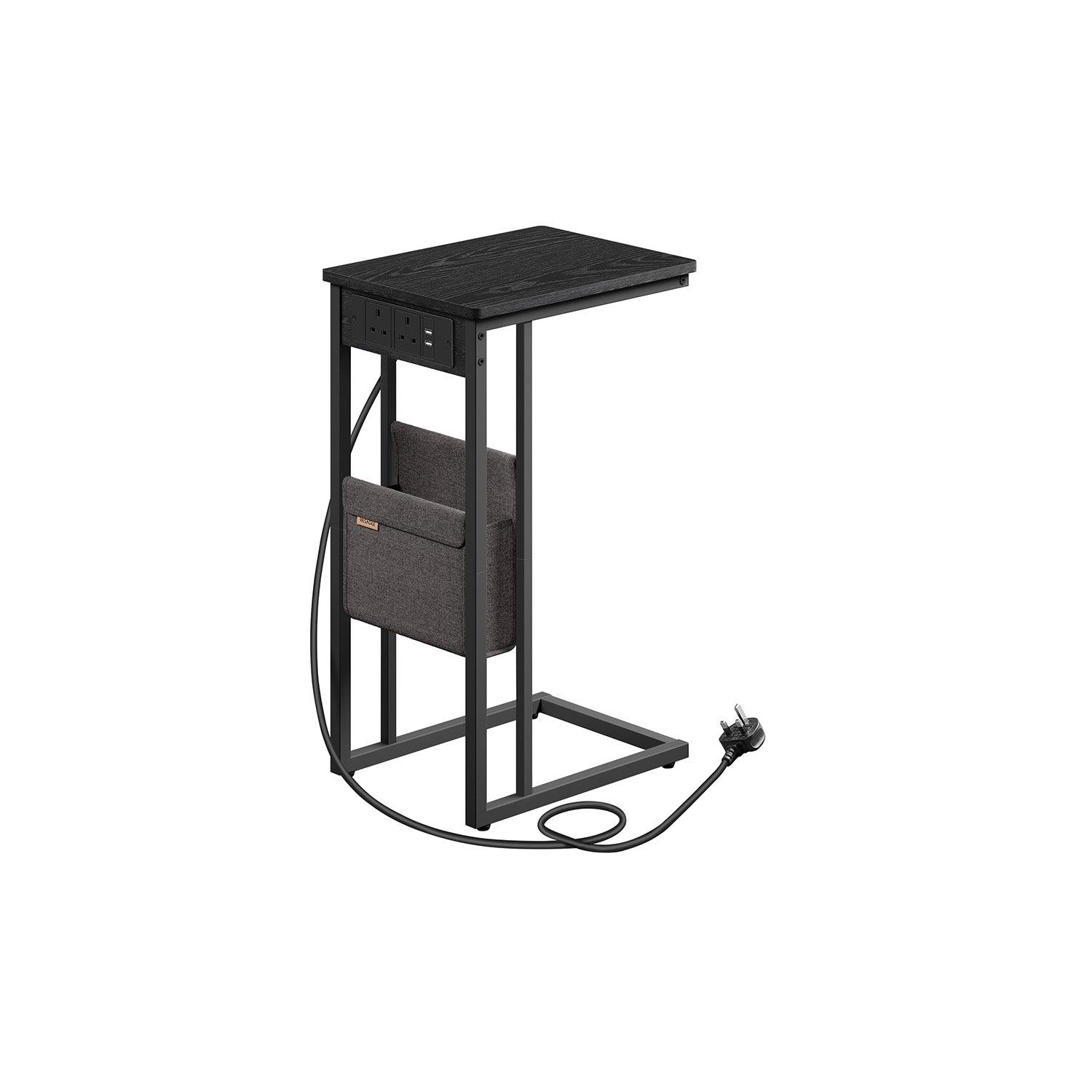 C-Shaped Bedside Table - Wood - Ebony Black - Charging Station with 2 USB Ports and Storage Bag