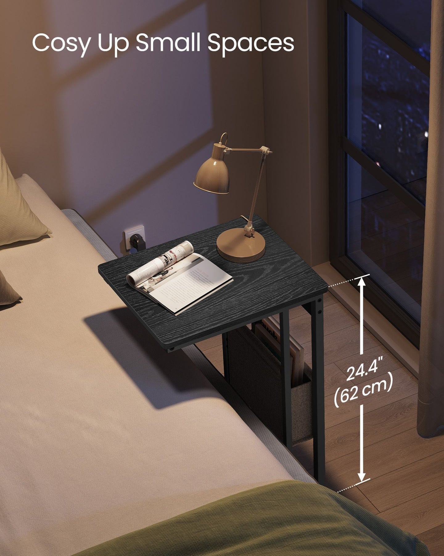 C-Shaped Bedside Table - Wood - Ebony Black - Charging Station with 2 USB Ports and Storage Bag