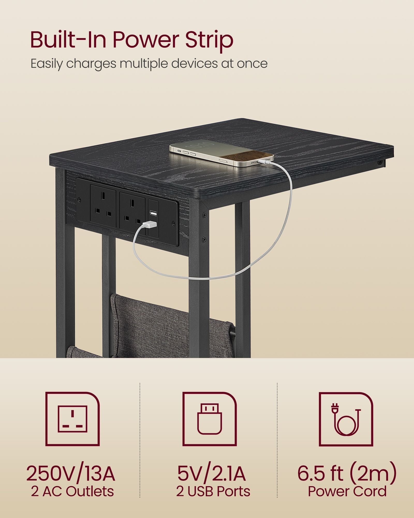 C-Shaped Bedside Table - Wood - Ebony Black - Charging Station with 2 USB Ports and Storage Bag