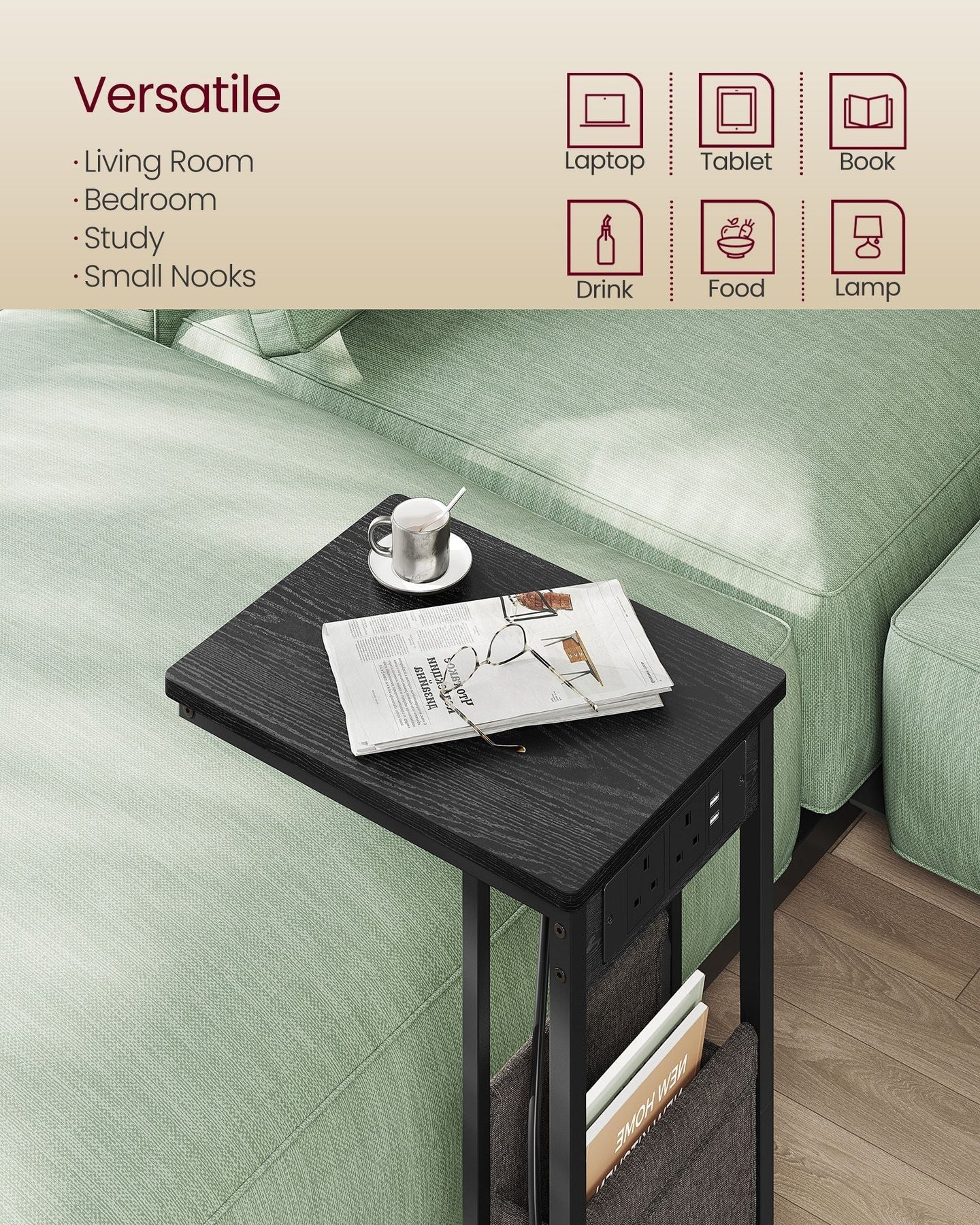 C-Shaped Bedside Table - Wood - Ebony Black - Charging Station with 2 USB Ports and Storage Bag