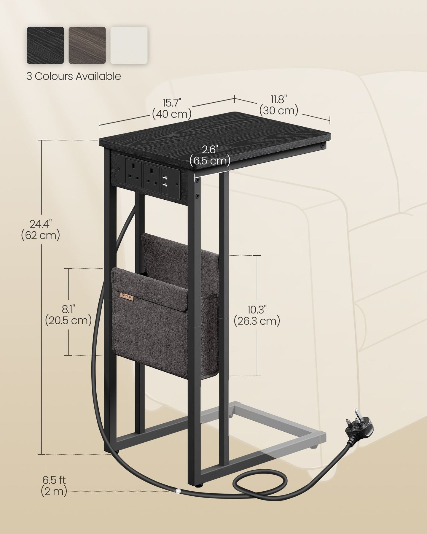 C-Shaped Bedside Table - Wood - Ebony Black - Charging Station with 2 USB Ports and Storage Bag
