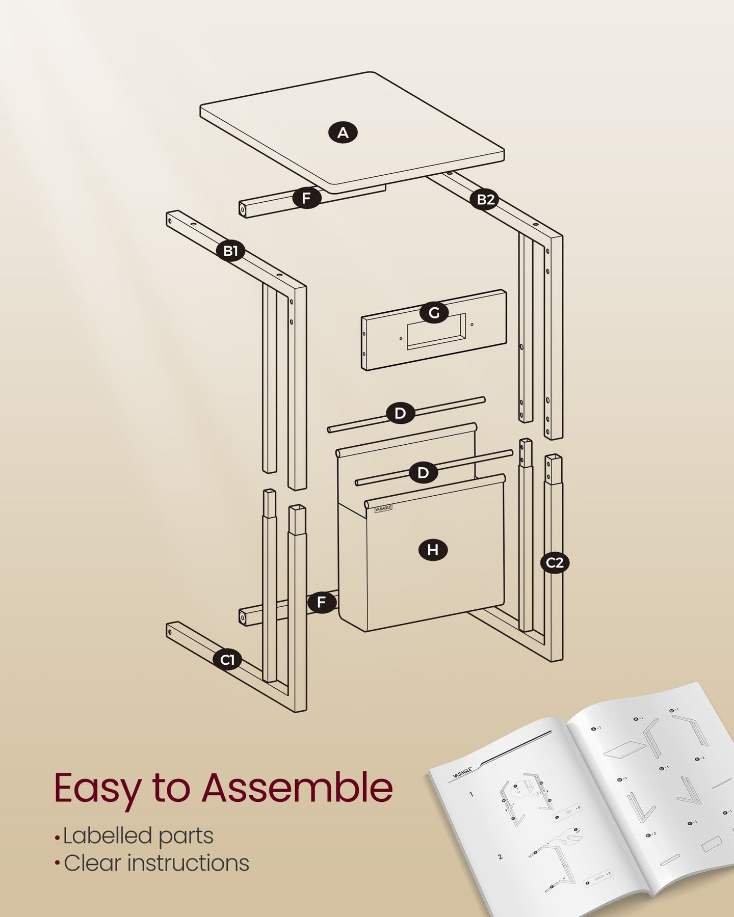 C-Shaped Bedside Table - Wood - Ebony Black - Charging Station with 2 USB Ports and Storage Bag