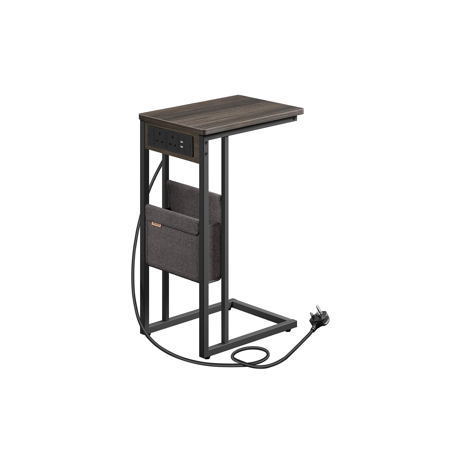 C-Shaped Bedside Table - Wood - Ash Brown - Charging Station with USB Ports and Outlets
