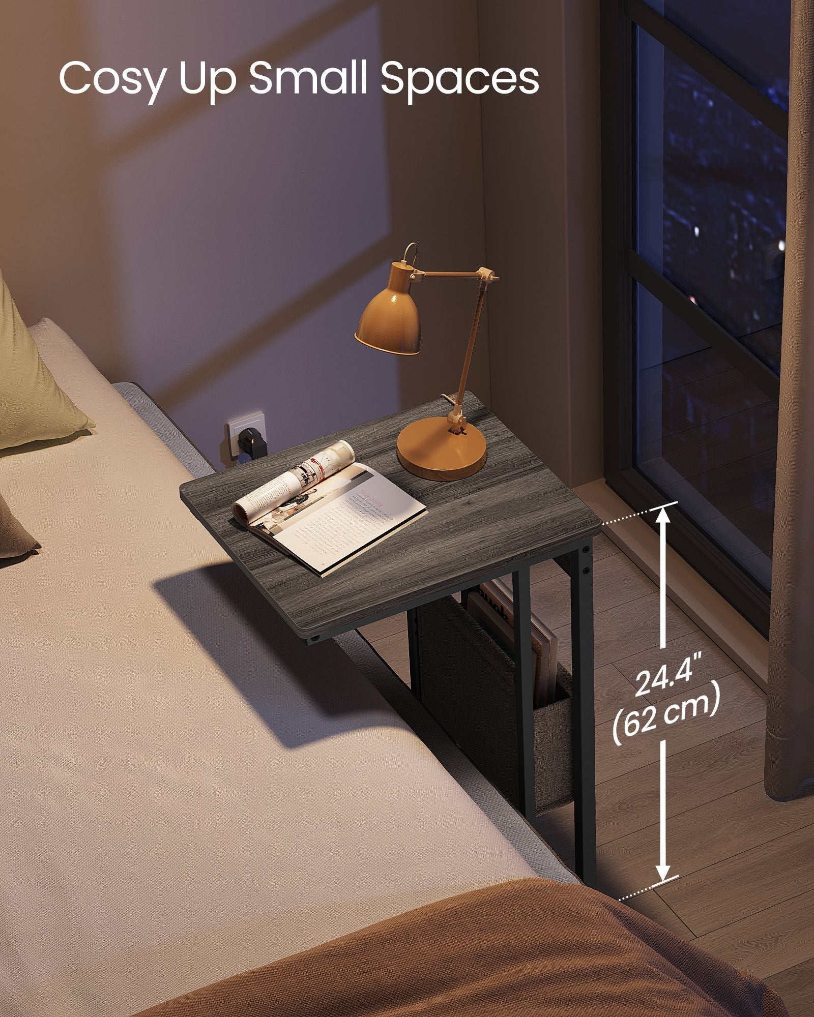 C-Shaped Bedside Table - Wood - Ash Brown - Charging Station with USB Ports and Outlets