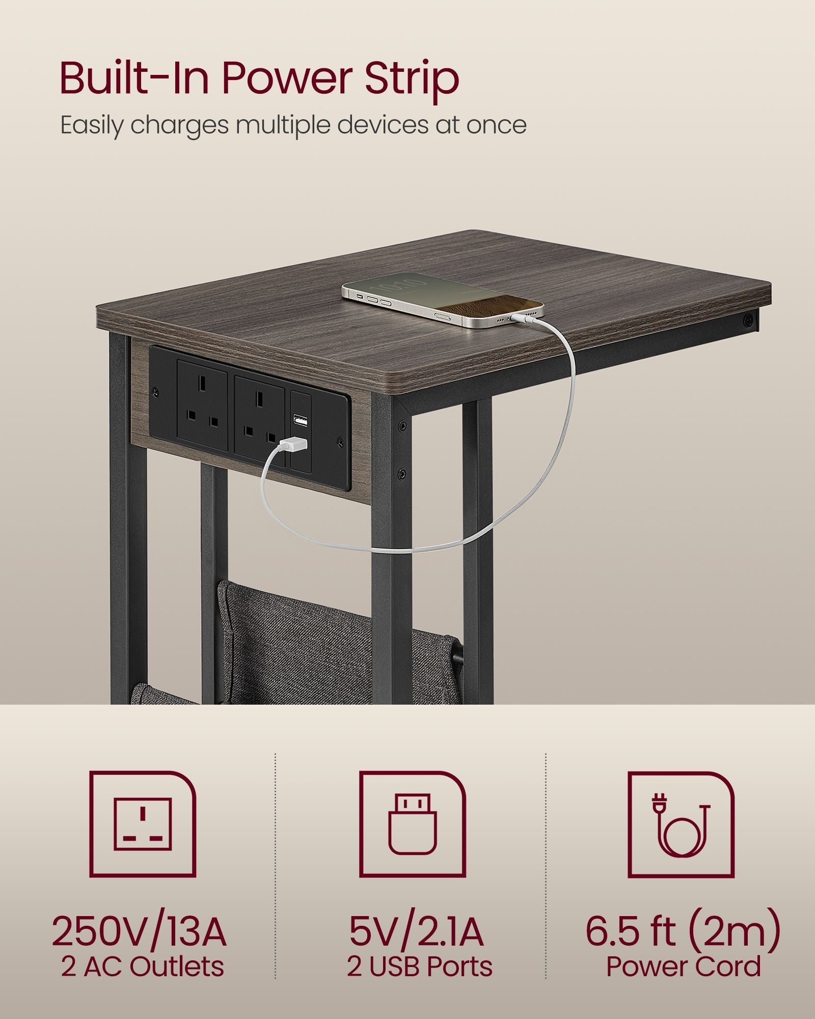 C-Shaped Bedside Table - Wood - Ash Brown - Charging Station with USB Ports and Outlets