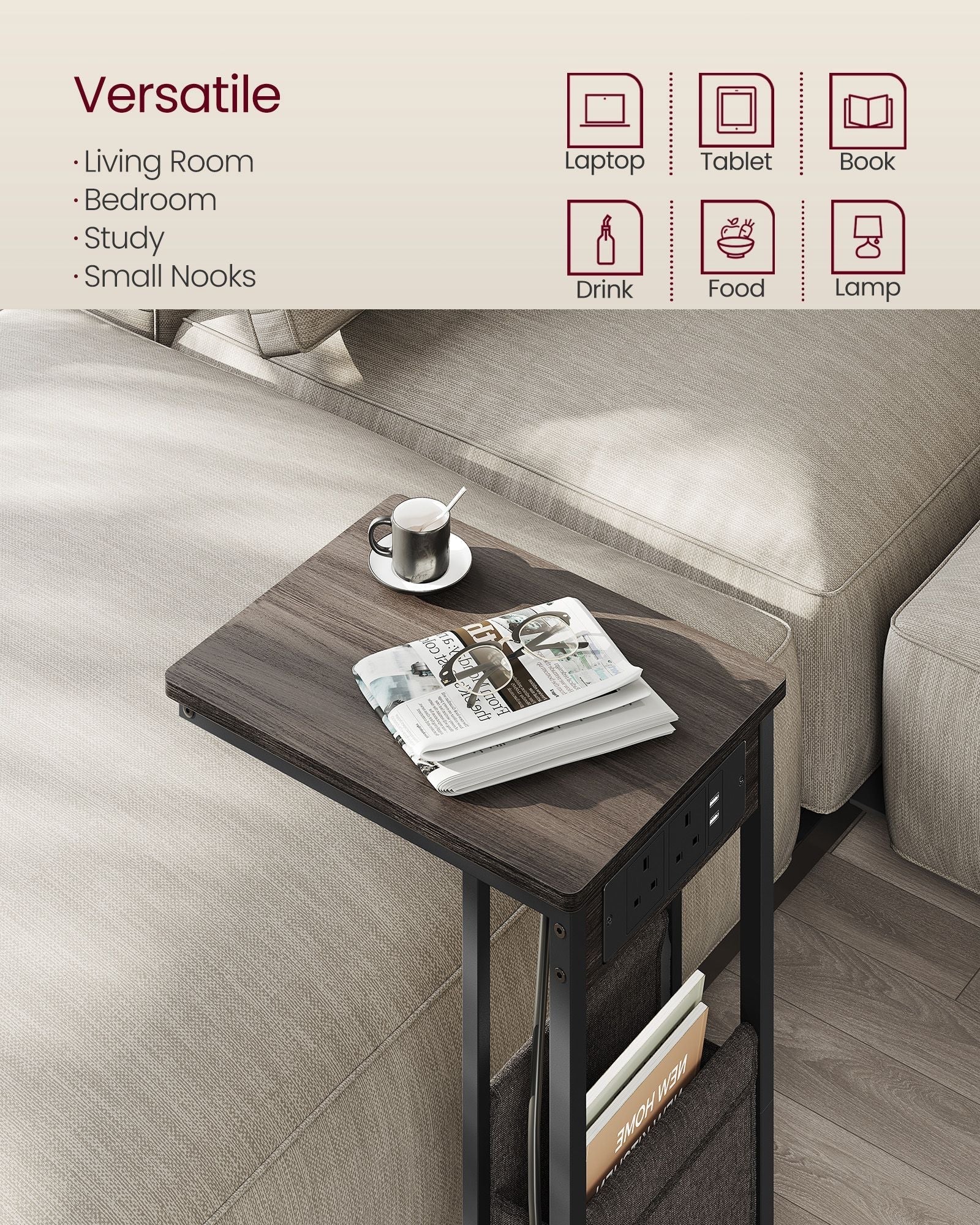 C-Shaped Bedside Table - Wood - Ash Brown - Charging Station with USB Ports and Outlets