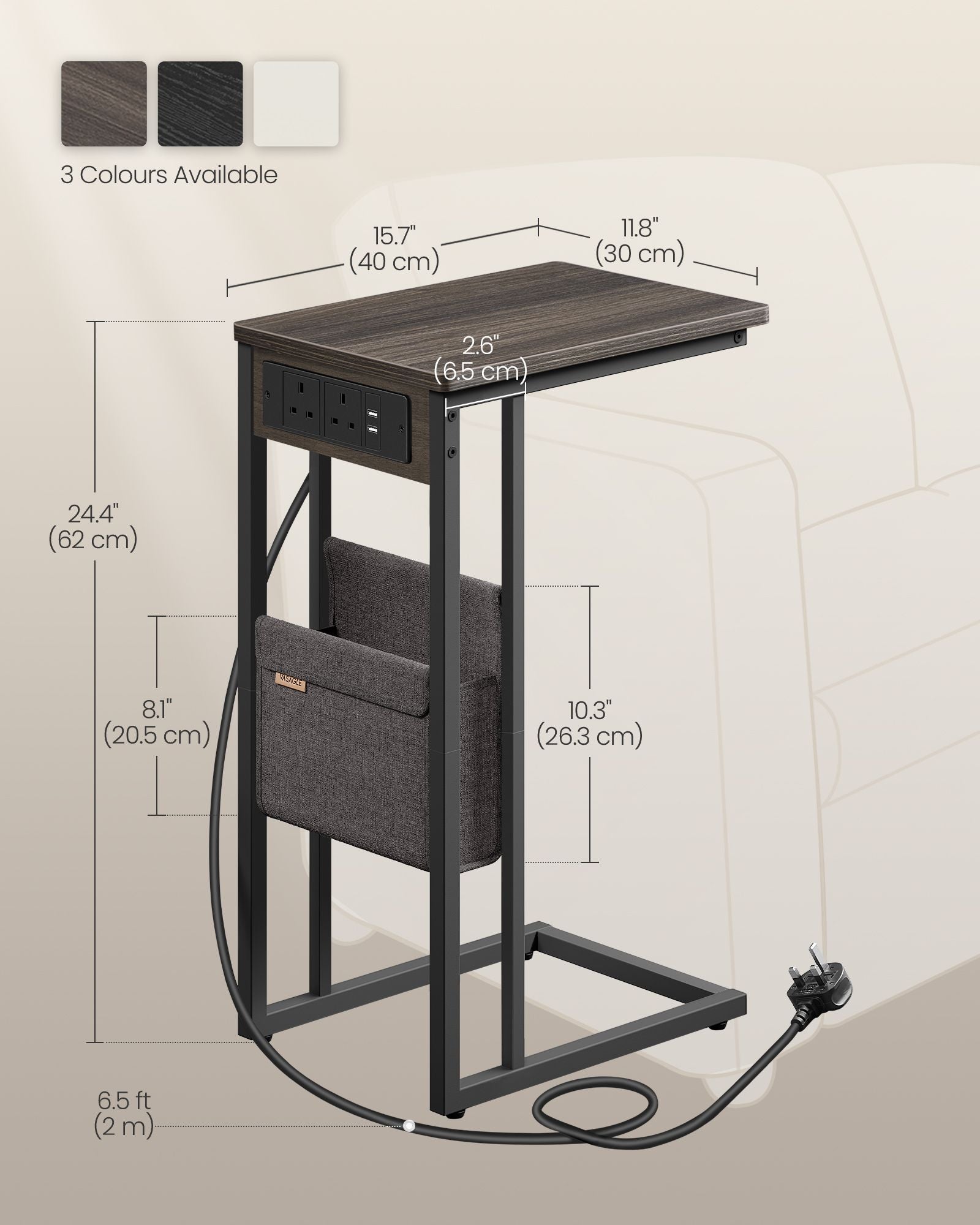 C-Shaped Bedside Table - Wood - Ash Brown - Charging Station with USB Ports and Outlets