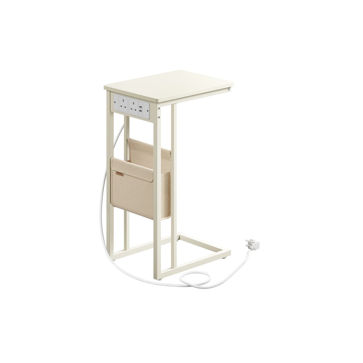 C-Shaped Bedside Table - Wood - Cream White - Charging Station with USB Ports and Storage Bag