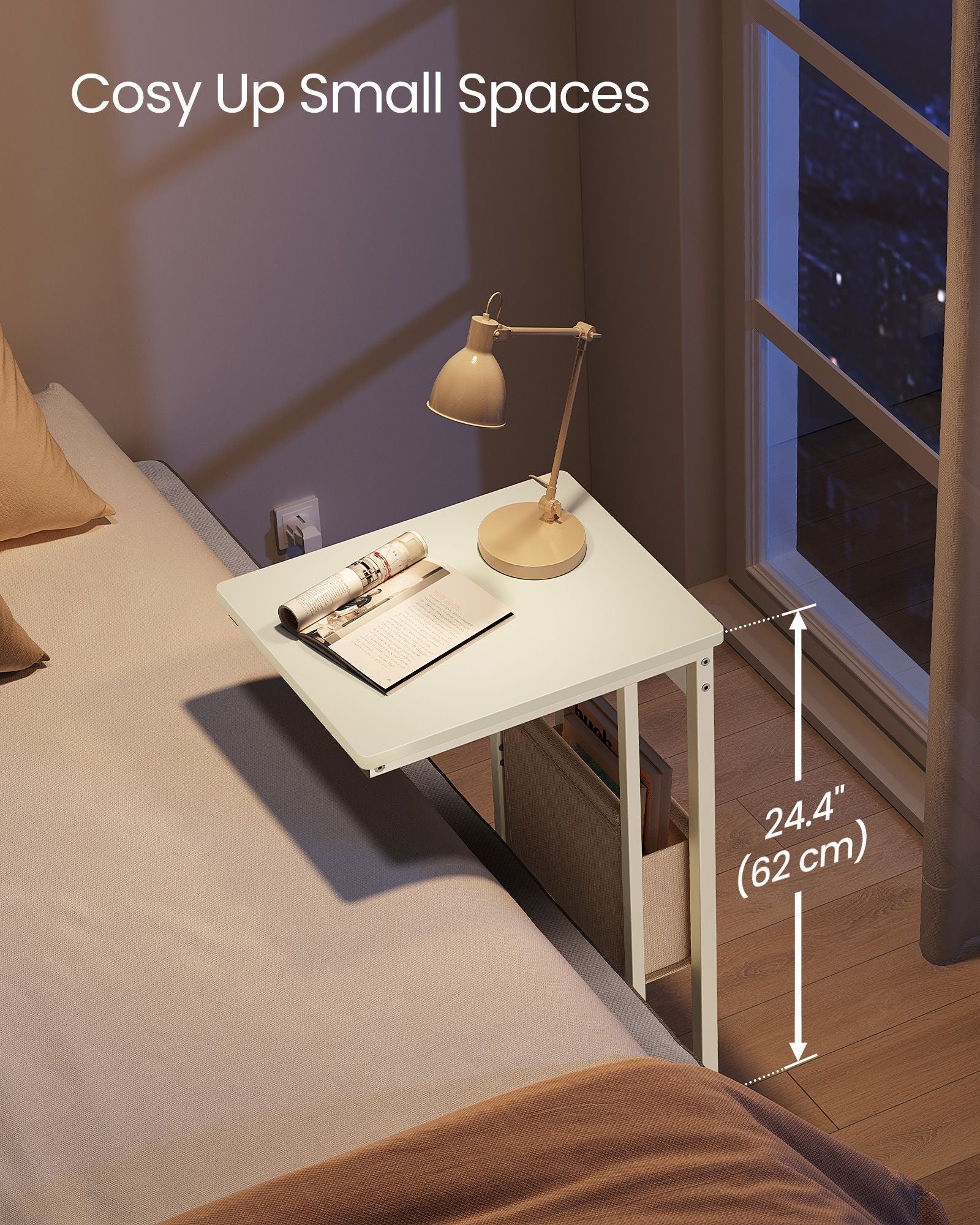 C-Shaped Bedside Table - Wood - Cream White - Charging Station with USB Ports and Storage Bag