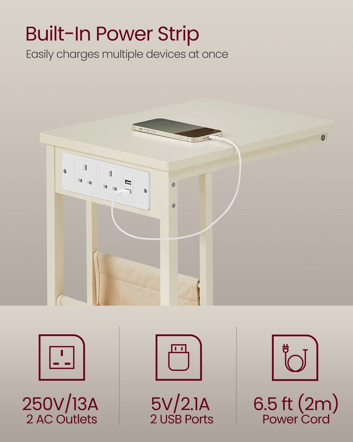 C-Shaped Bedside Table - Wood - Cream White - Charging Station with USB Ports and Storage Bag