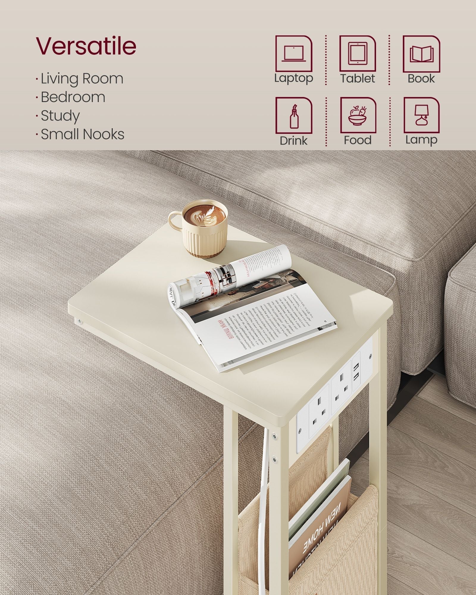 C-Shaped Bedside Table - Wood - Cream White - Charging Station with USB Ports and Storage Bag
