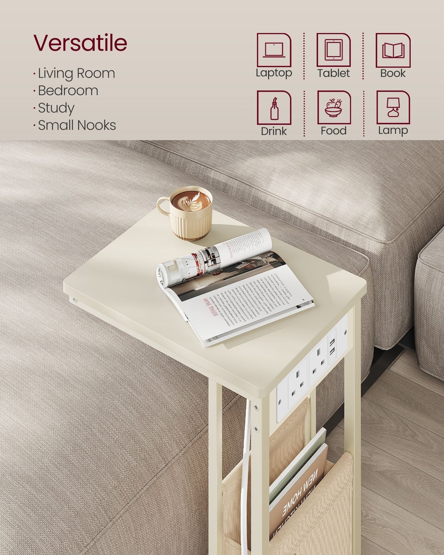 C-Shaped Bedside Table - Wood - Cream White - Charging Station with USB Ports and Storage Bag
