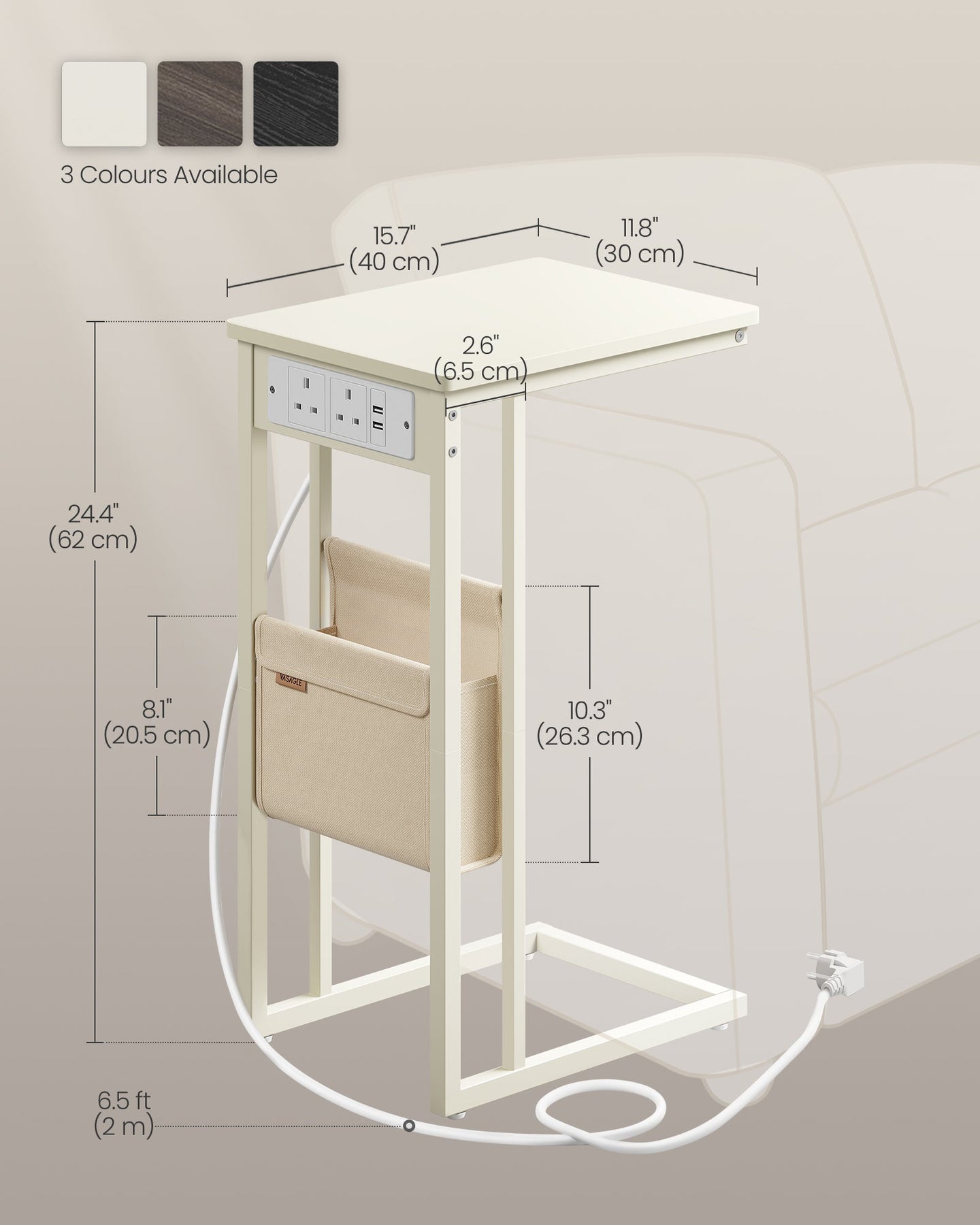 C-Shaped Bedside Table - Wood - Cream White - Charging Station with USB Ports and Storage Bag