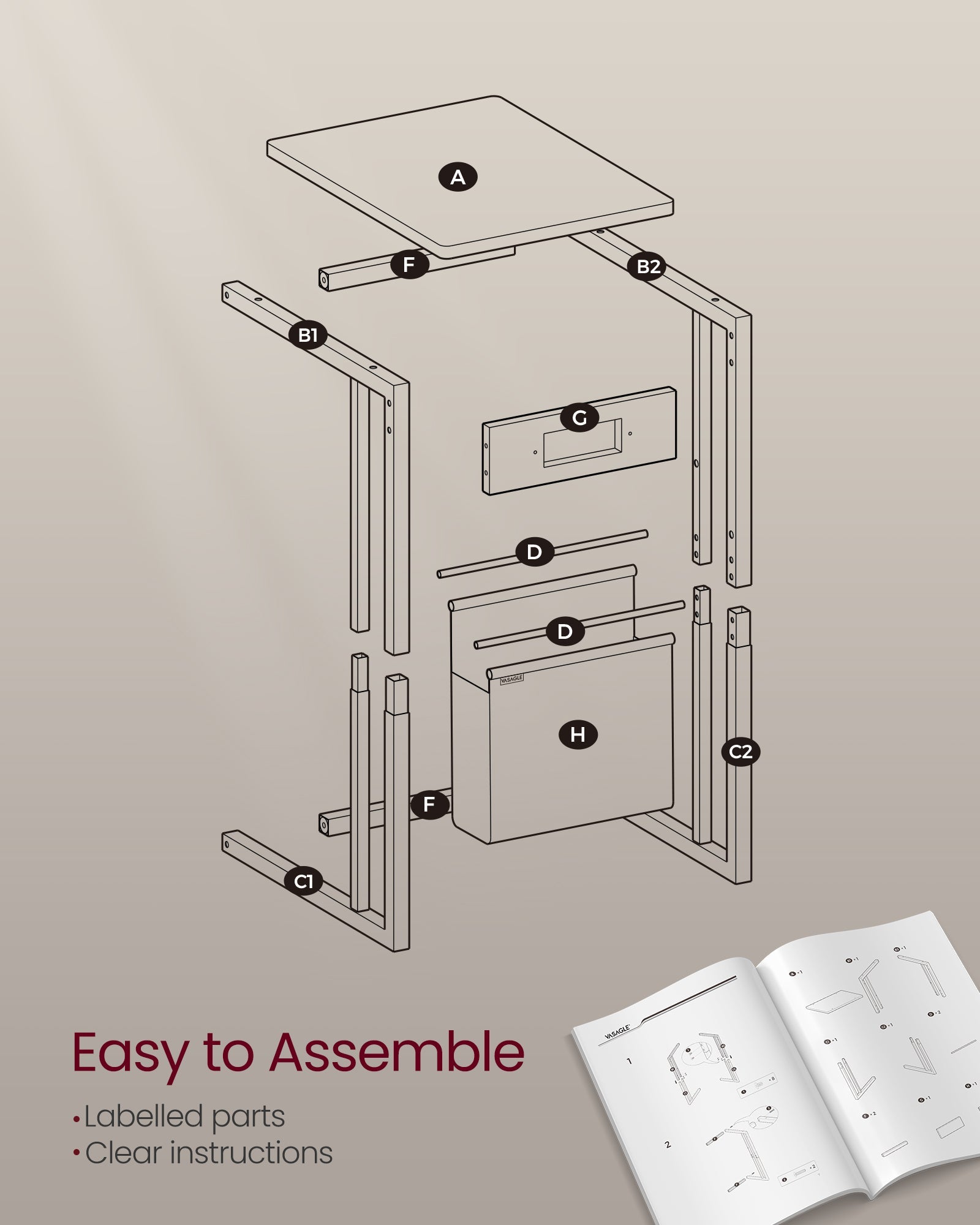 C-Shaped Bedside Table - Wood - Cream White - Charging Station with USB Ports and Storage Bag