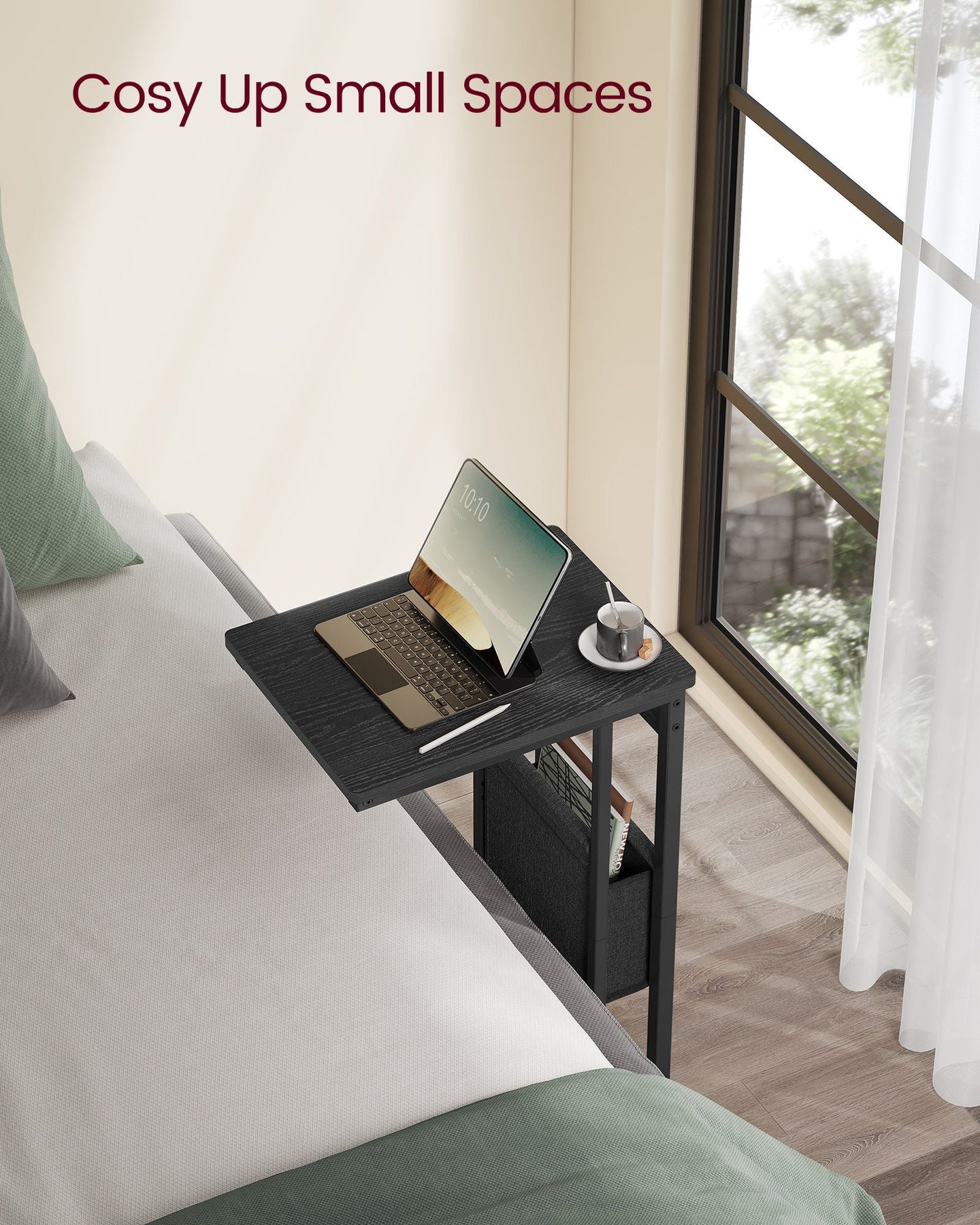 C-Shaped Bedside Table - Wood - Ebony Black - With Fabric Storage Bag and Adjustable Feet