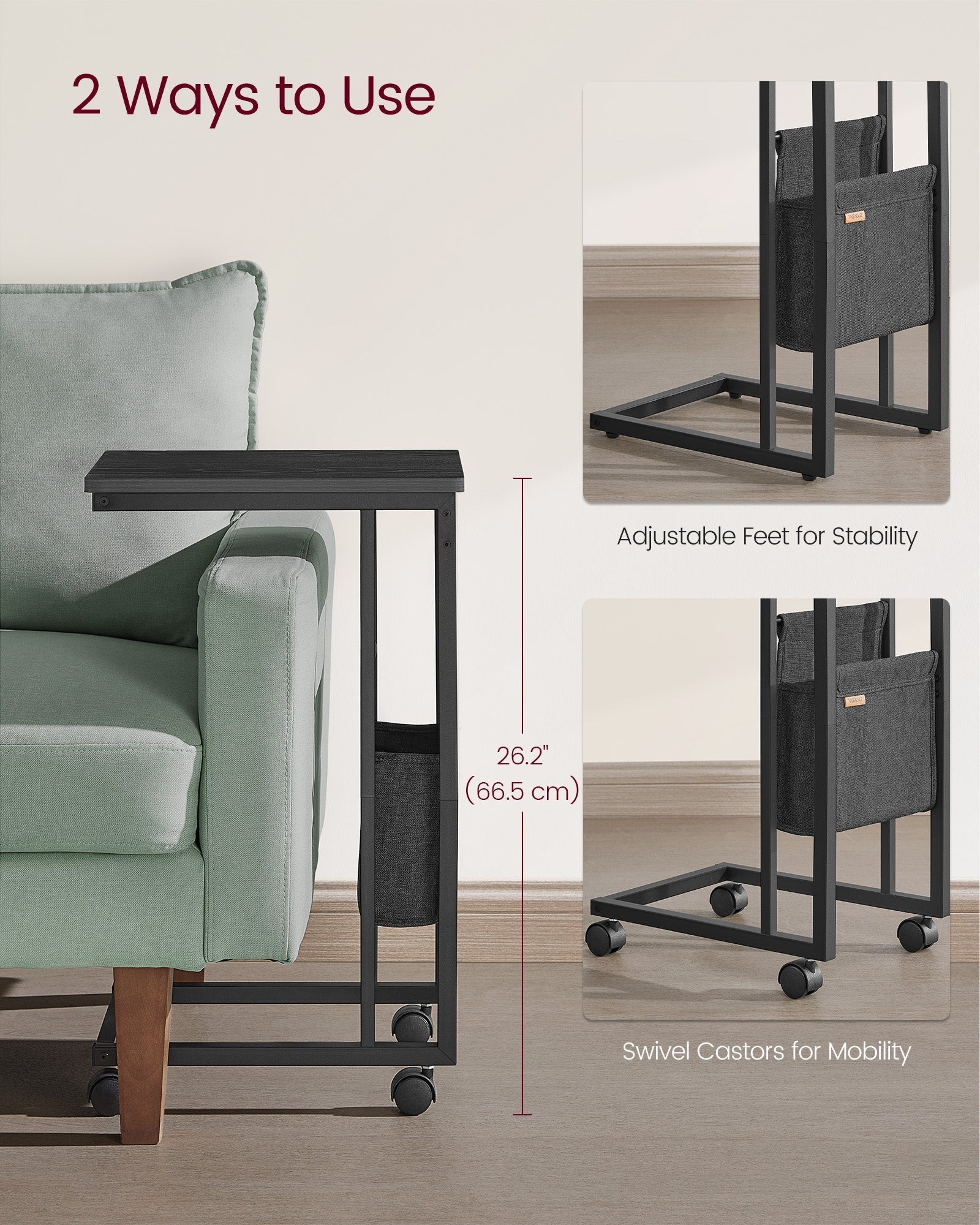 C-Shaped Bedside Table - Wood - Ebony Black - With Fabric Storage Bag and Adjustable Feet