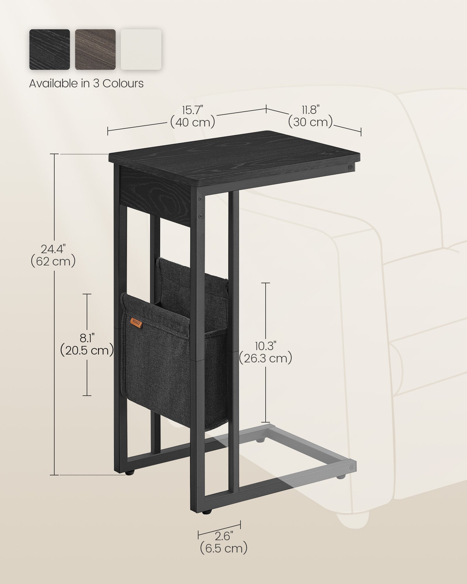 C-Shaped Bedside Table - Wood - Ebony Black - With Fabric Storage Bag and Adjustable Feet