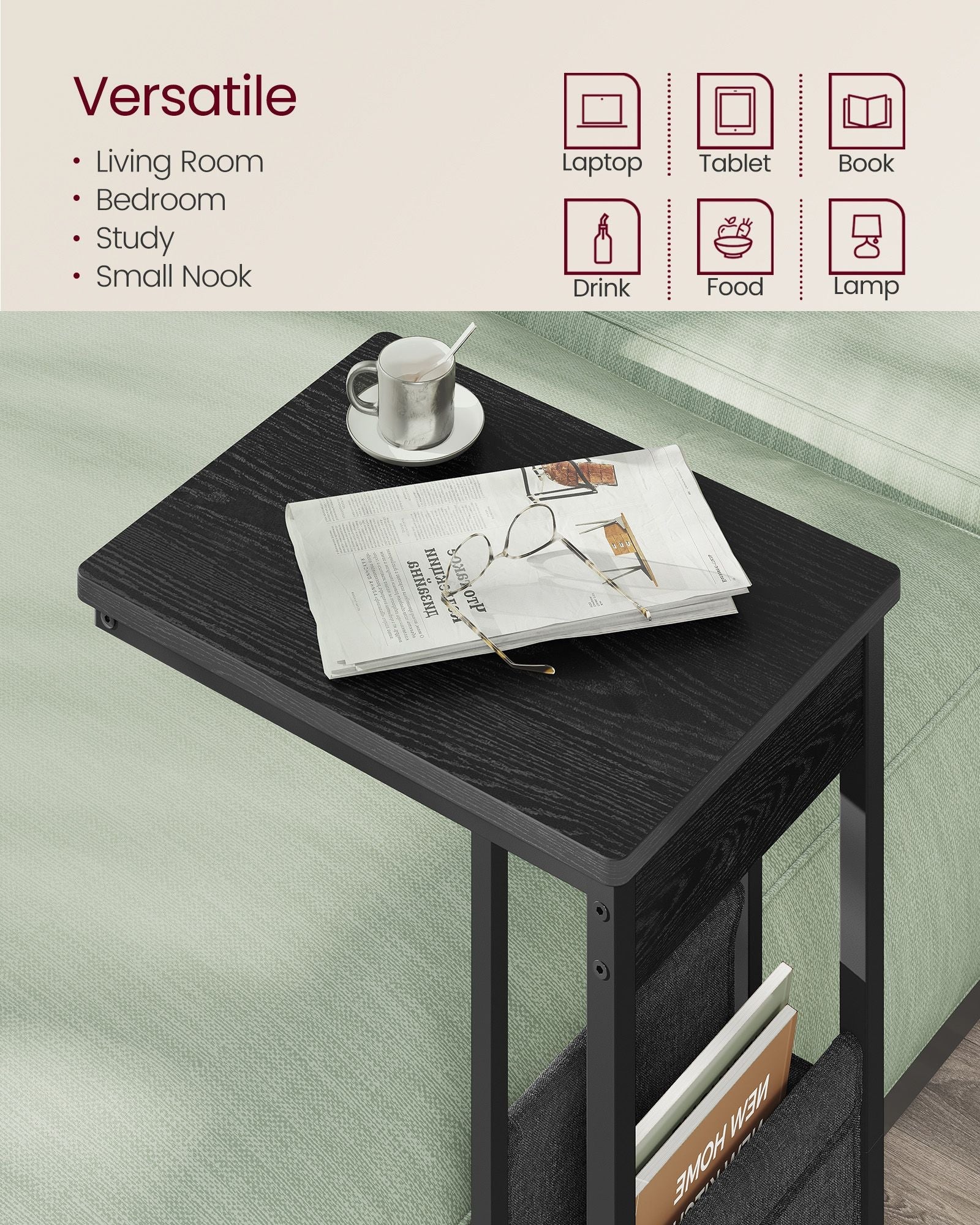 C-Shaped Bedside Table - Wood - Ebony Black - With Fabric Storage Bag and Adjustable Feet