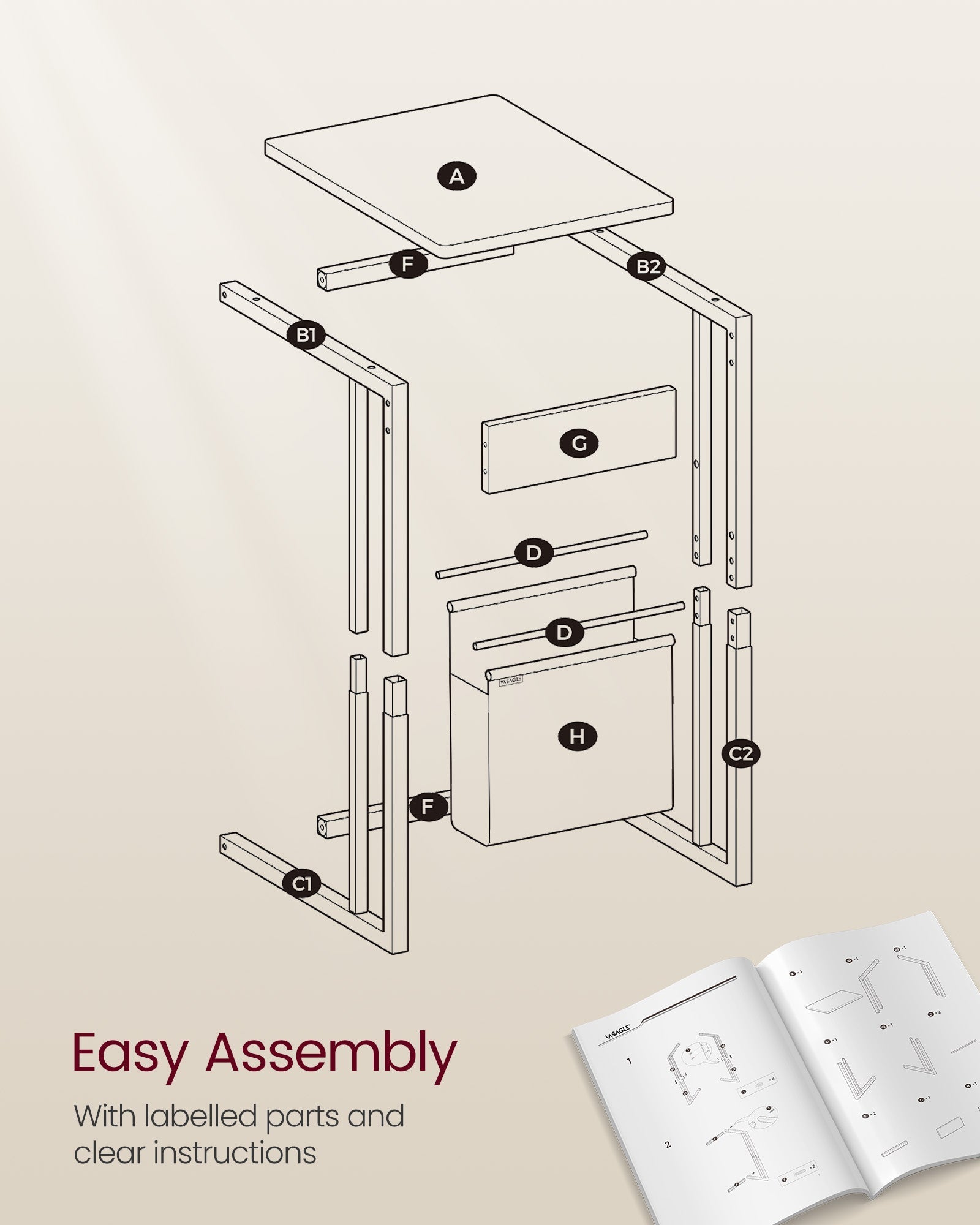 C-Shaped Bedside Table - Wood - Ebony Black - With Fabric Storage Bag and Adjustable Feet