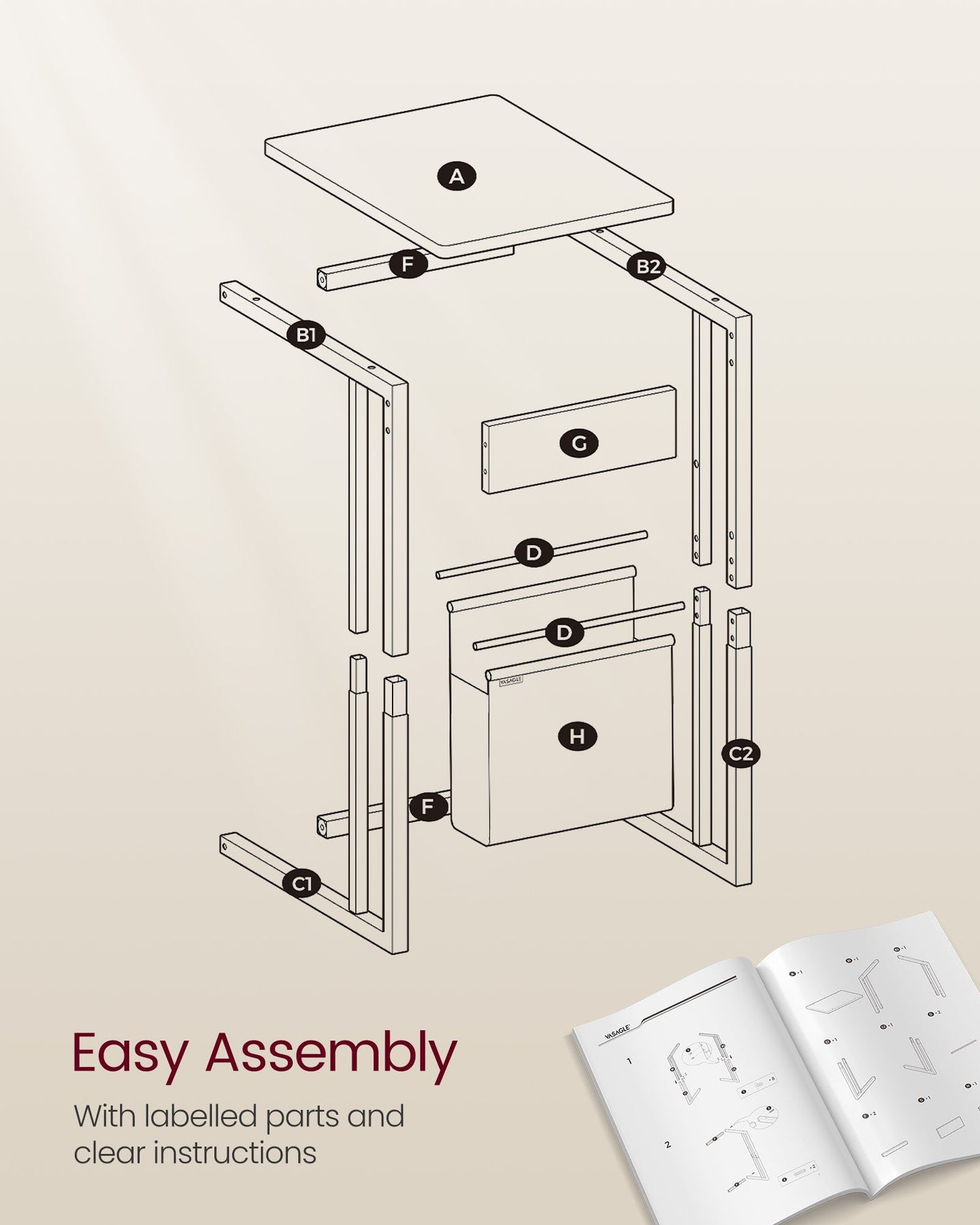 C-Shaped Bedside Table - Wood - Ebony Black - With Fabric Storage Bag and Adjustable Feet