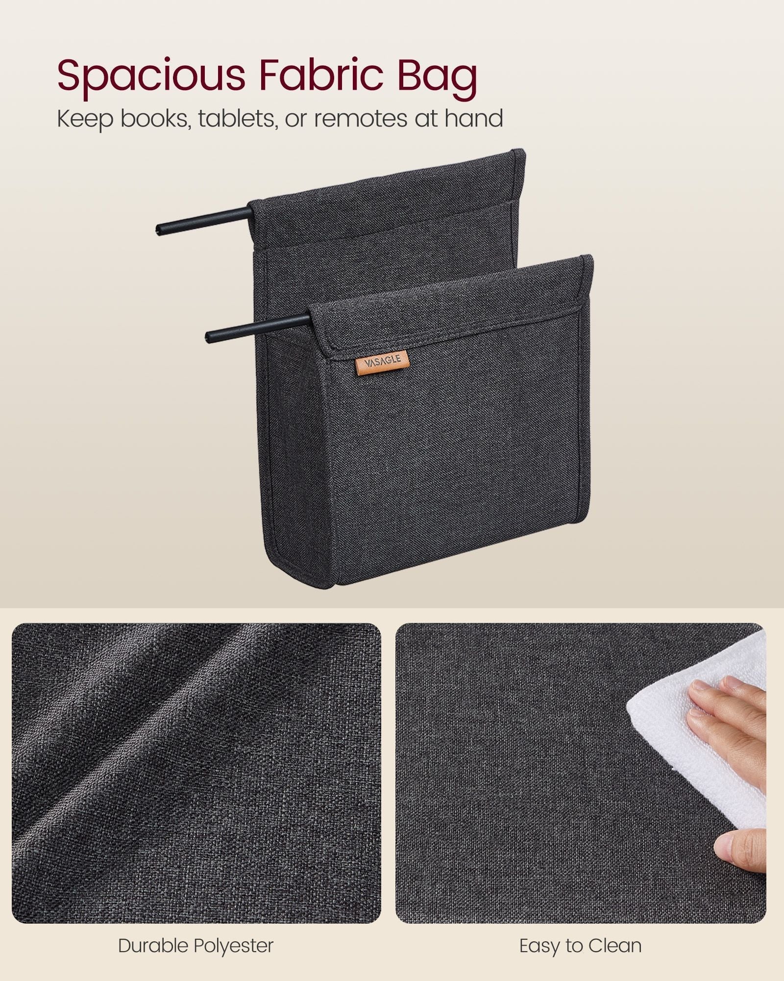 C-Shaped Bedside Table - Wood - Ebony Black - With Fabric Storage Bag and Adjustable Feet