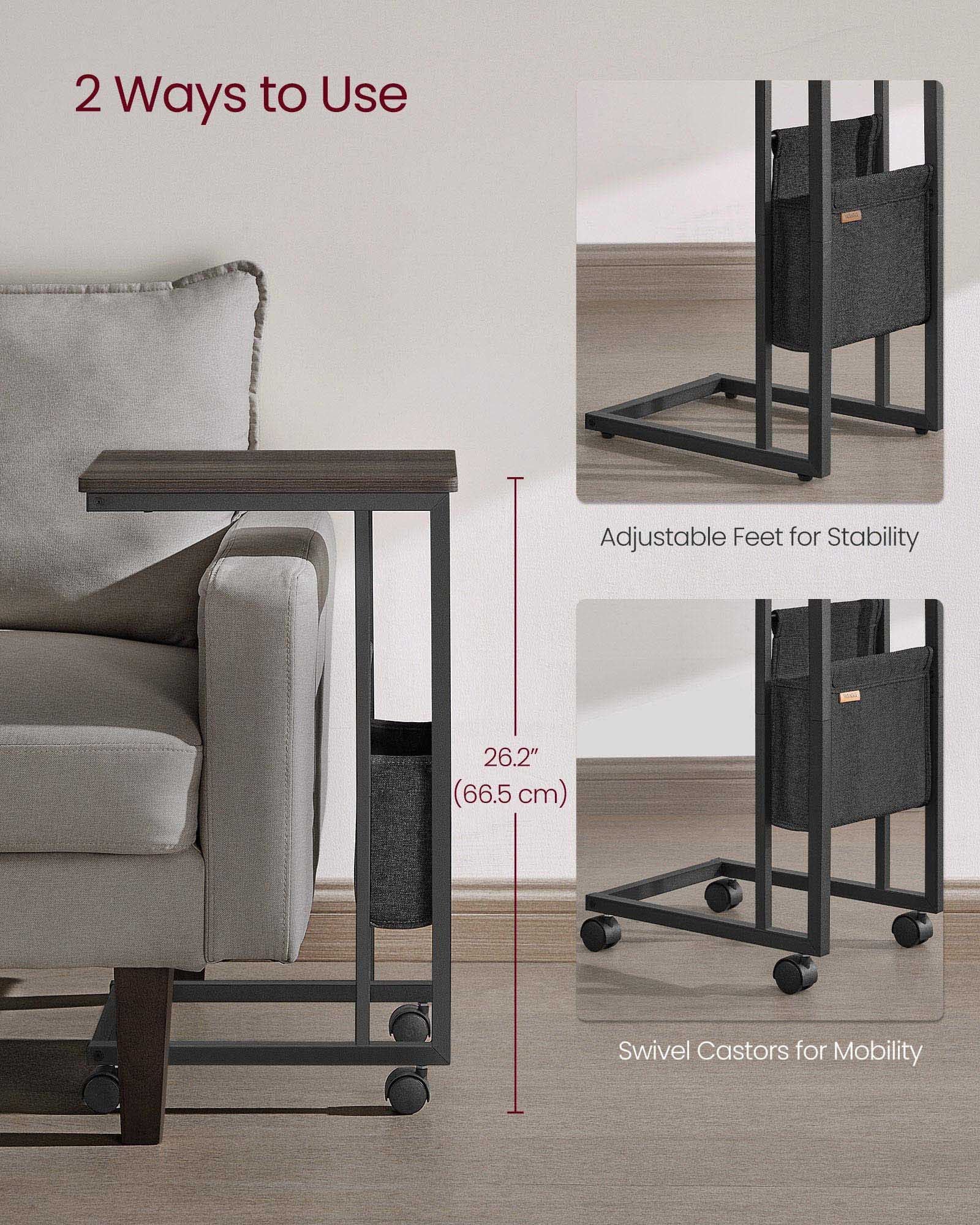 C-Shaped Bedside Table - Wood - Ash Brown - With Fabric Storage Bag and Adjustable Feet