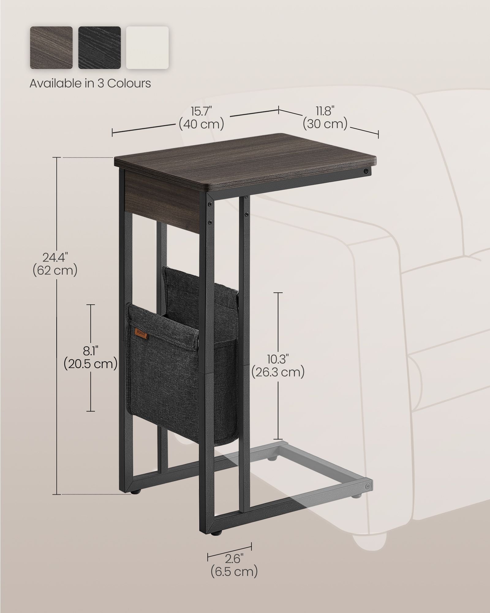 C-Shaped Bedside Table - Wood - Ash Brown - With Fabric Storage Bag and Adjustable Feet