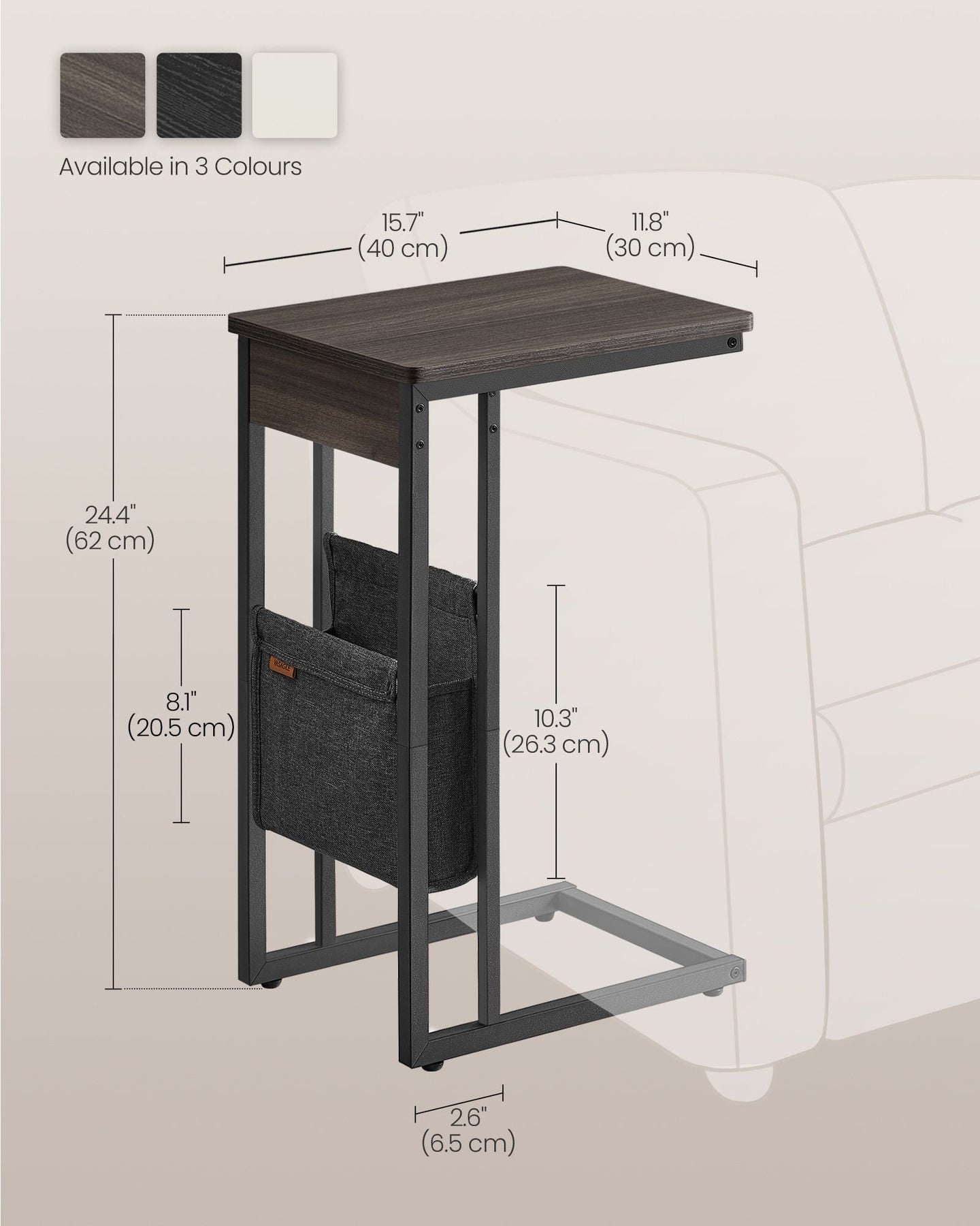 C-Shaped Bedside Table - Wood - Ash Brown - With Fabric Storage Bag and Adjustable Feet