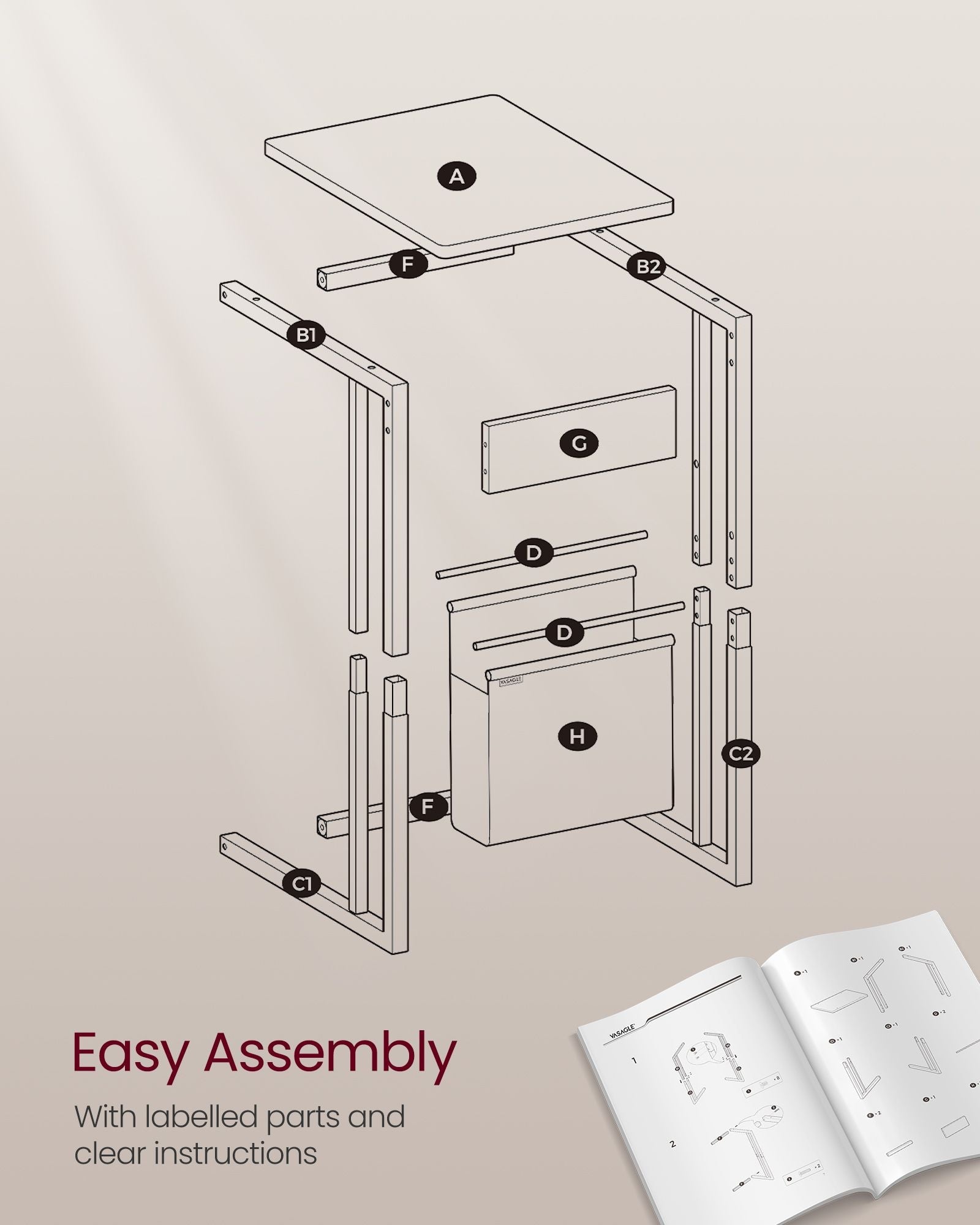 C-Shaped Bedside Table - Wood - Ash Brown - With Fabric Storage Bag and Adjustable Feet