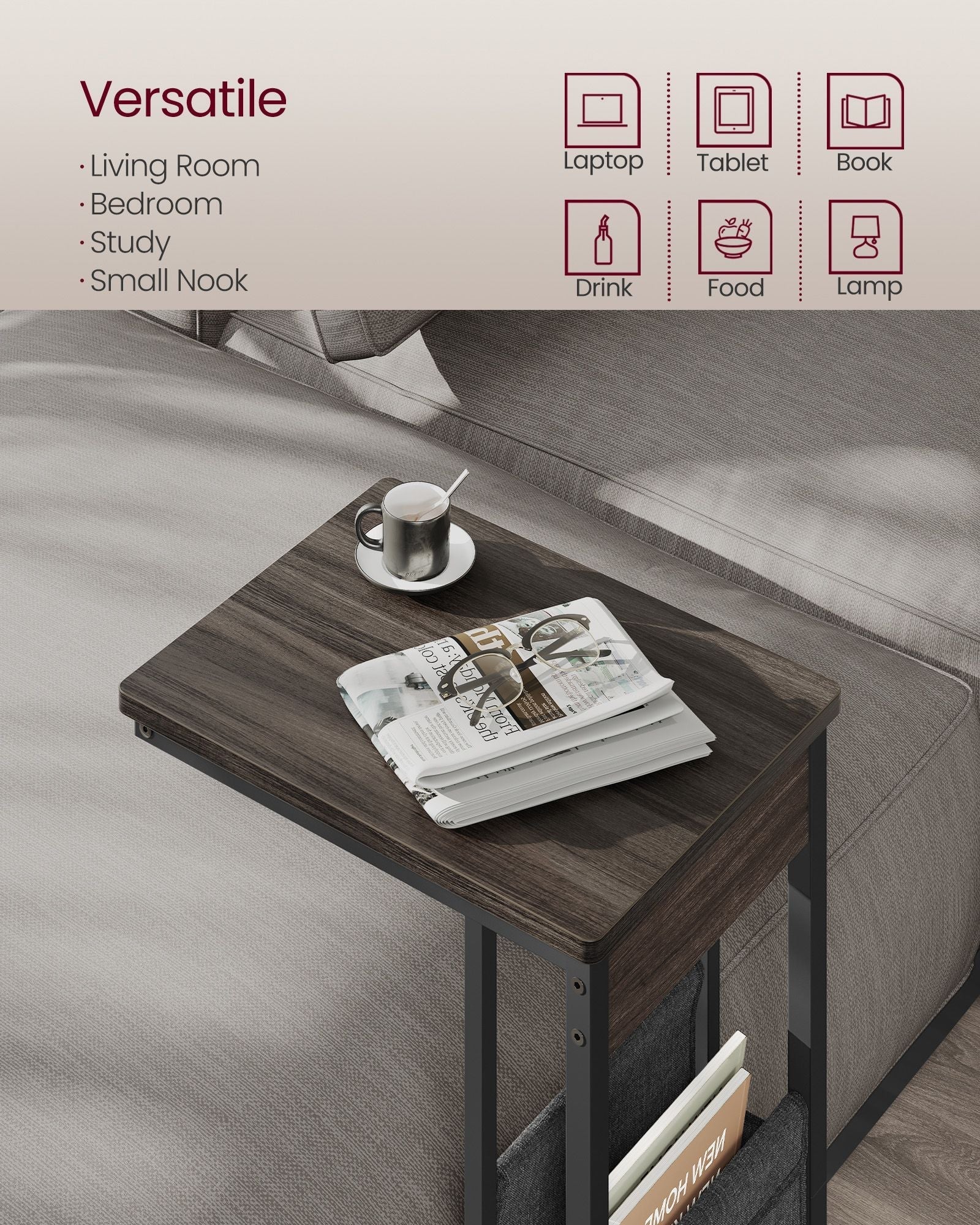 C-Shaped Bedside Table - Wood - Ash Brown - With Fabric Storage Bag and Adjustable Feet